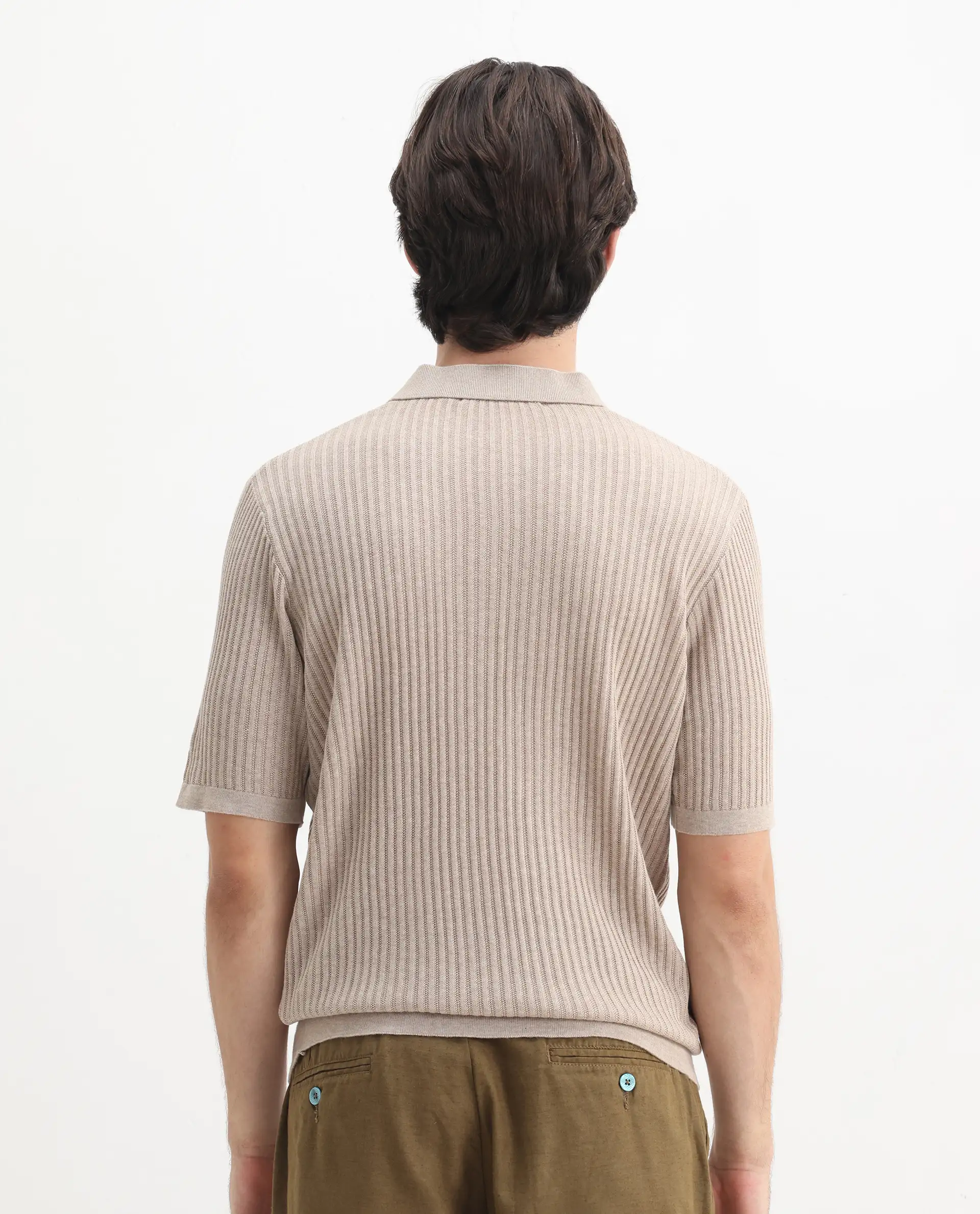 Rare Rabbit Men's Devr Khaki Tencel Textured Regular Fit Half Sleeve Polo - Image 8