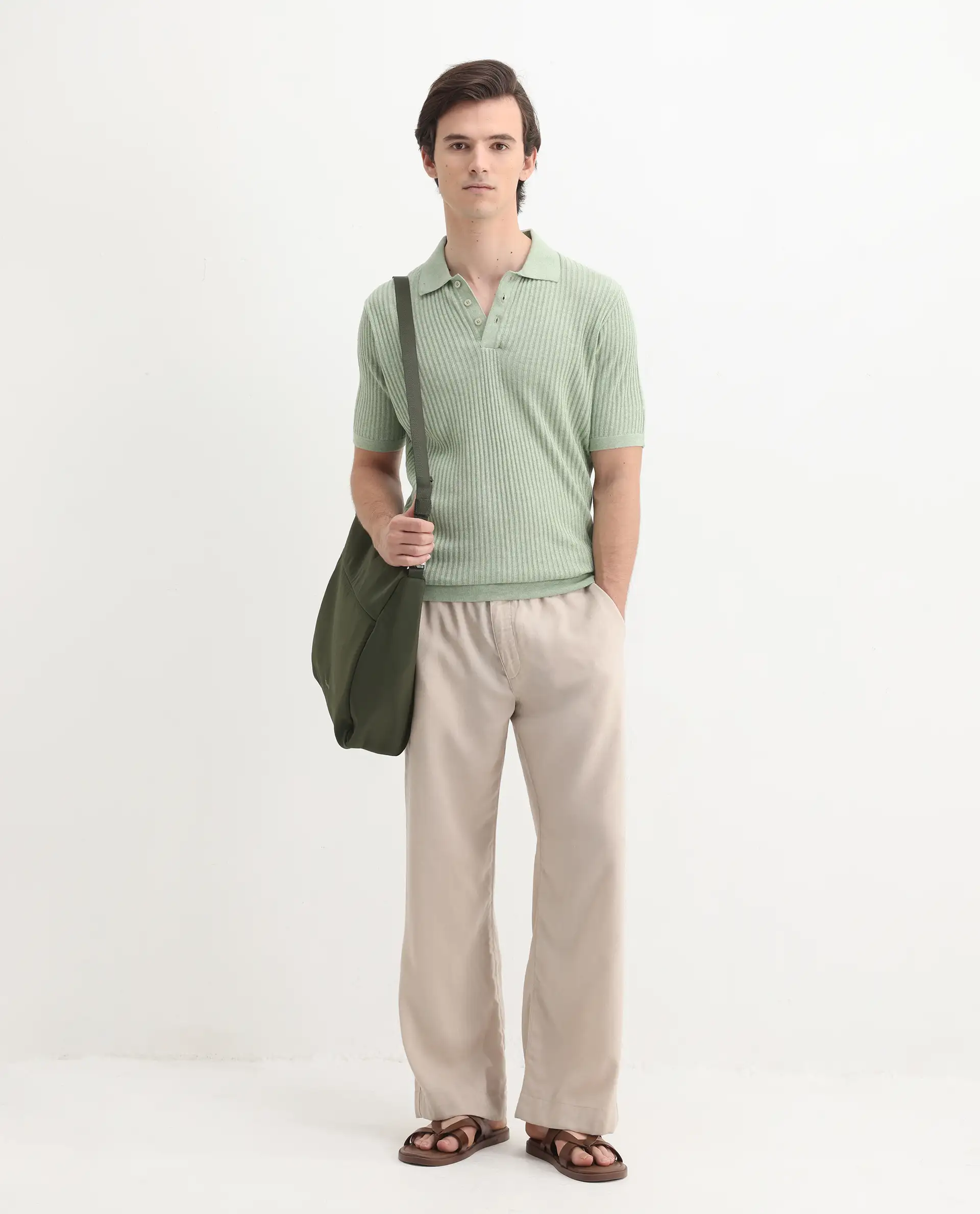 Rare Rabbit Men's Devr Light Green Tencel Textured Regular Fit Half Sleeve Polo - Image 2