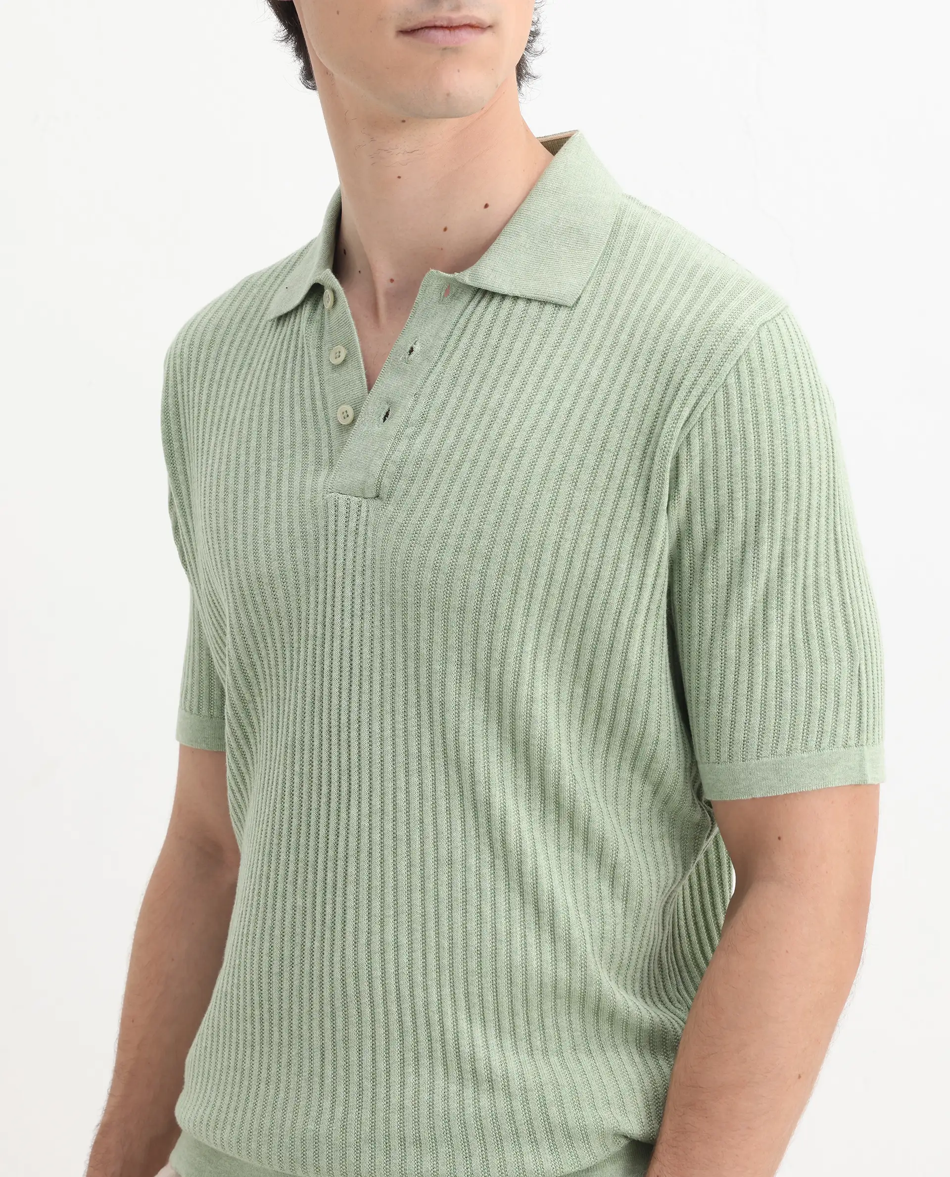 Rare Rabbit Men's Devr Light Green Tencel Textured Regular Fit Half Sleeve Polo - Image 3