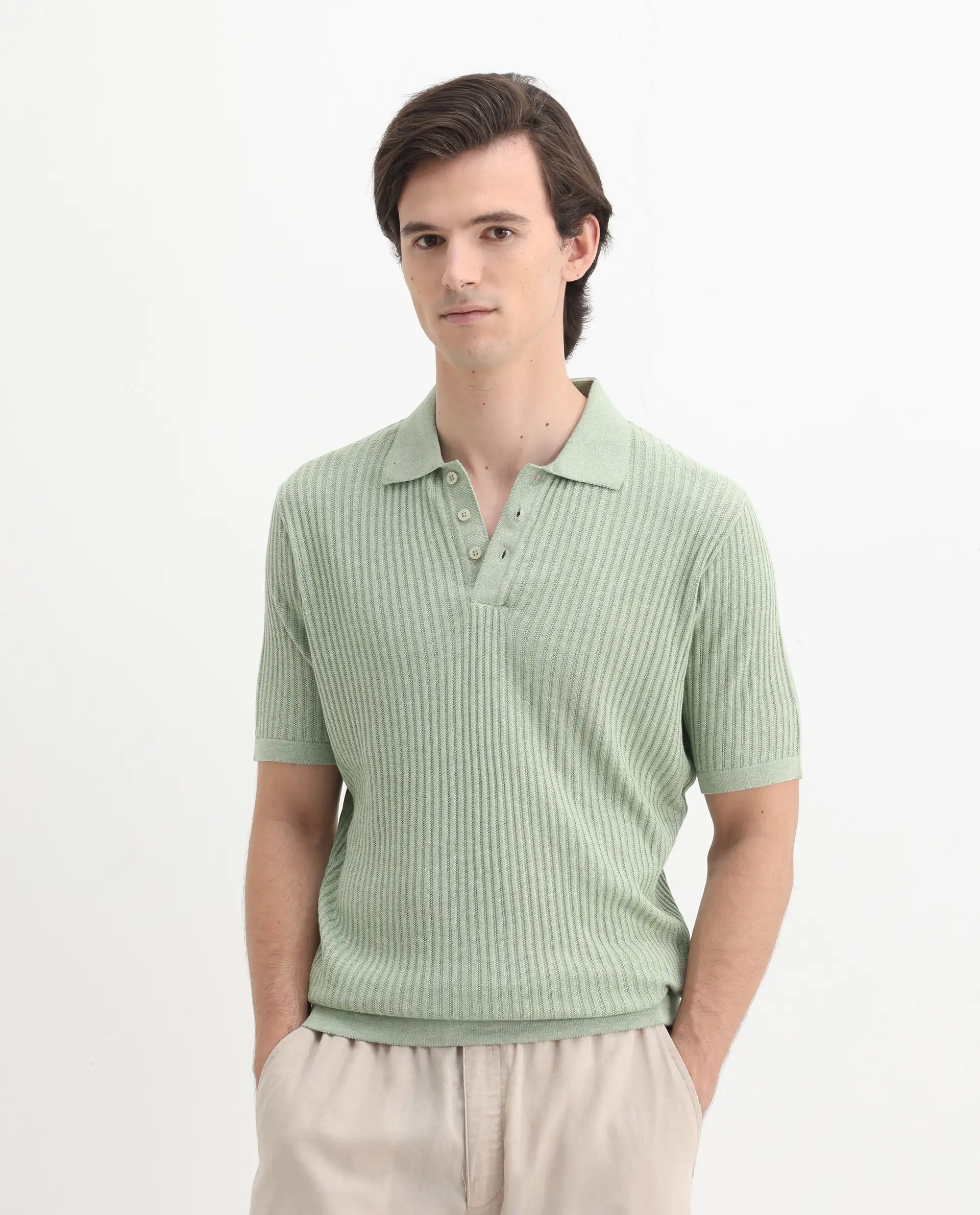 Rare Rabbit Men's Devr Light Green Tencel Textured Regular Fit Half Sleeve Polo - Image 4