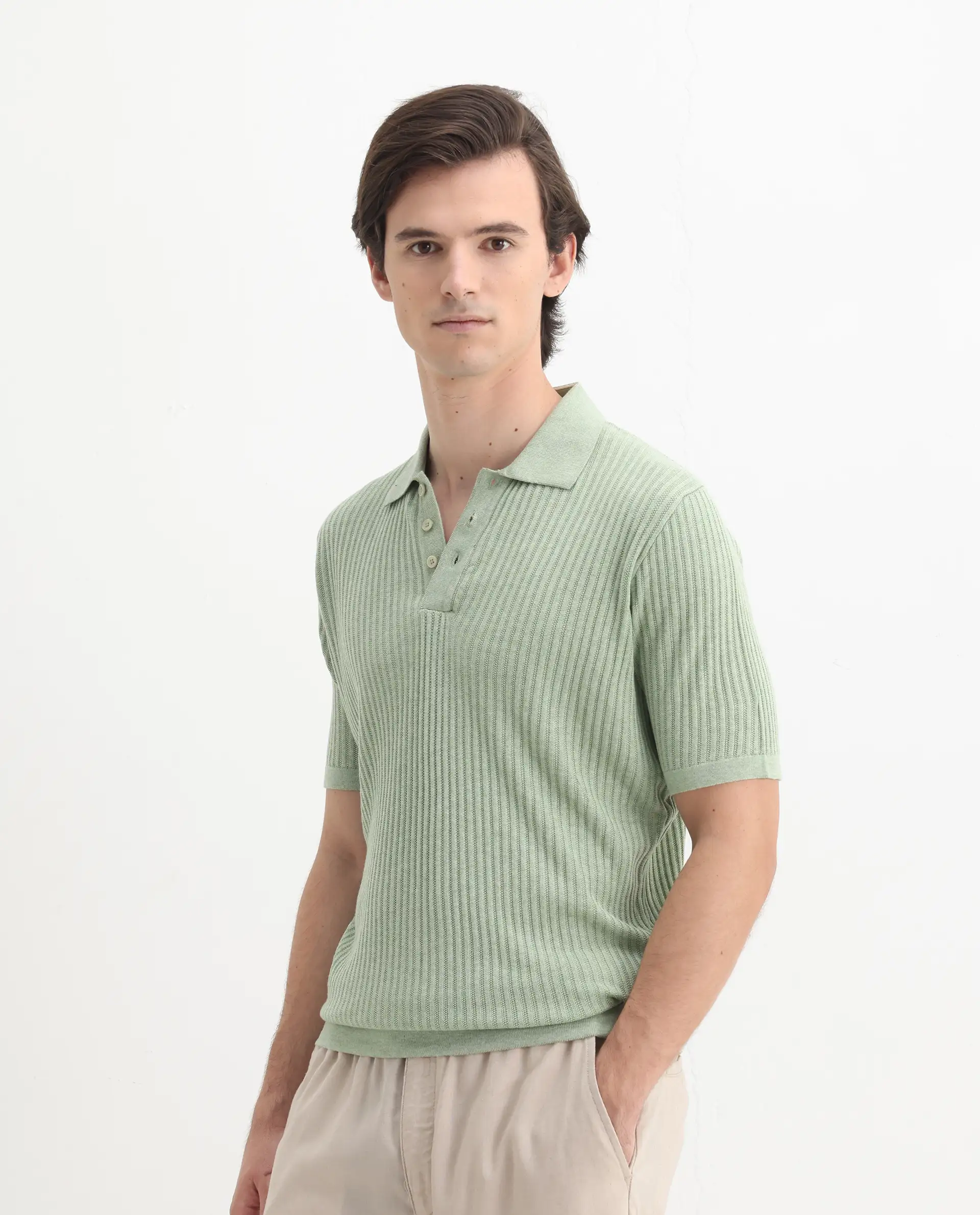 Rare Rabbit Men's Devr Light Green Tencel Textured Regular Fit Half Sleeve Polo - Image 5