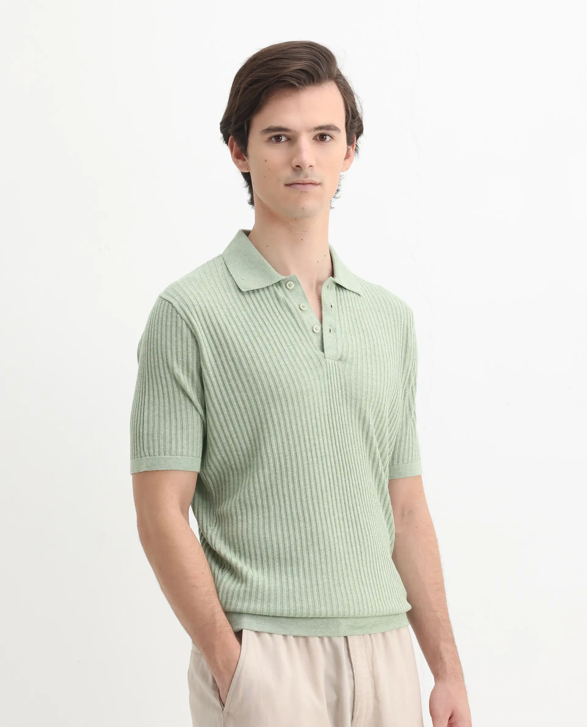 Rare Rabbit Men's Devr Light Green Tencel Textured Regular Fit Half Sleeve Polo - Image 6