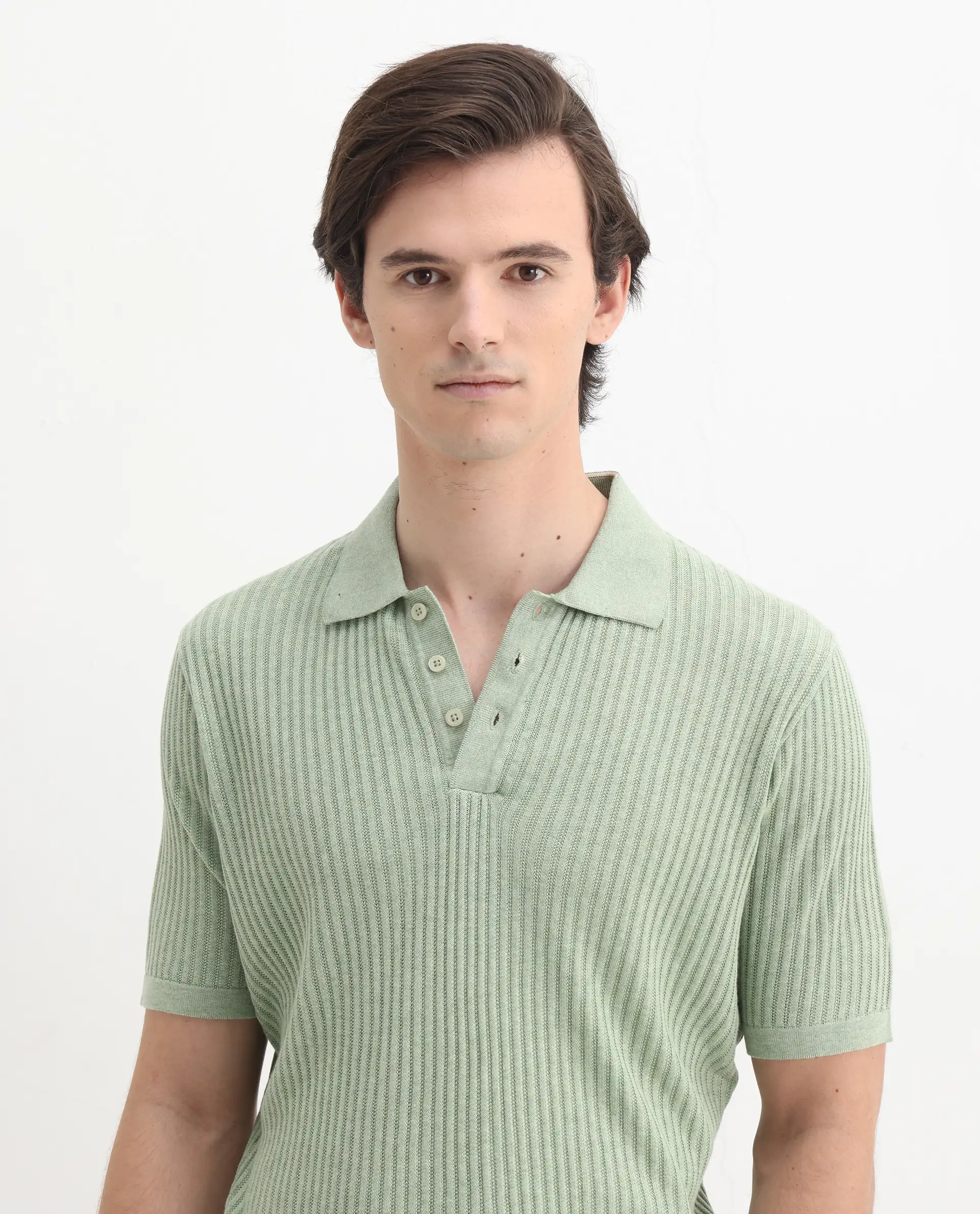 Rare Rabbit Men's Devr Light Green Tencel Textured Regular Fit Half Sleeve Polo - Image 7