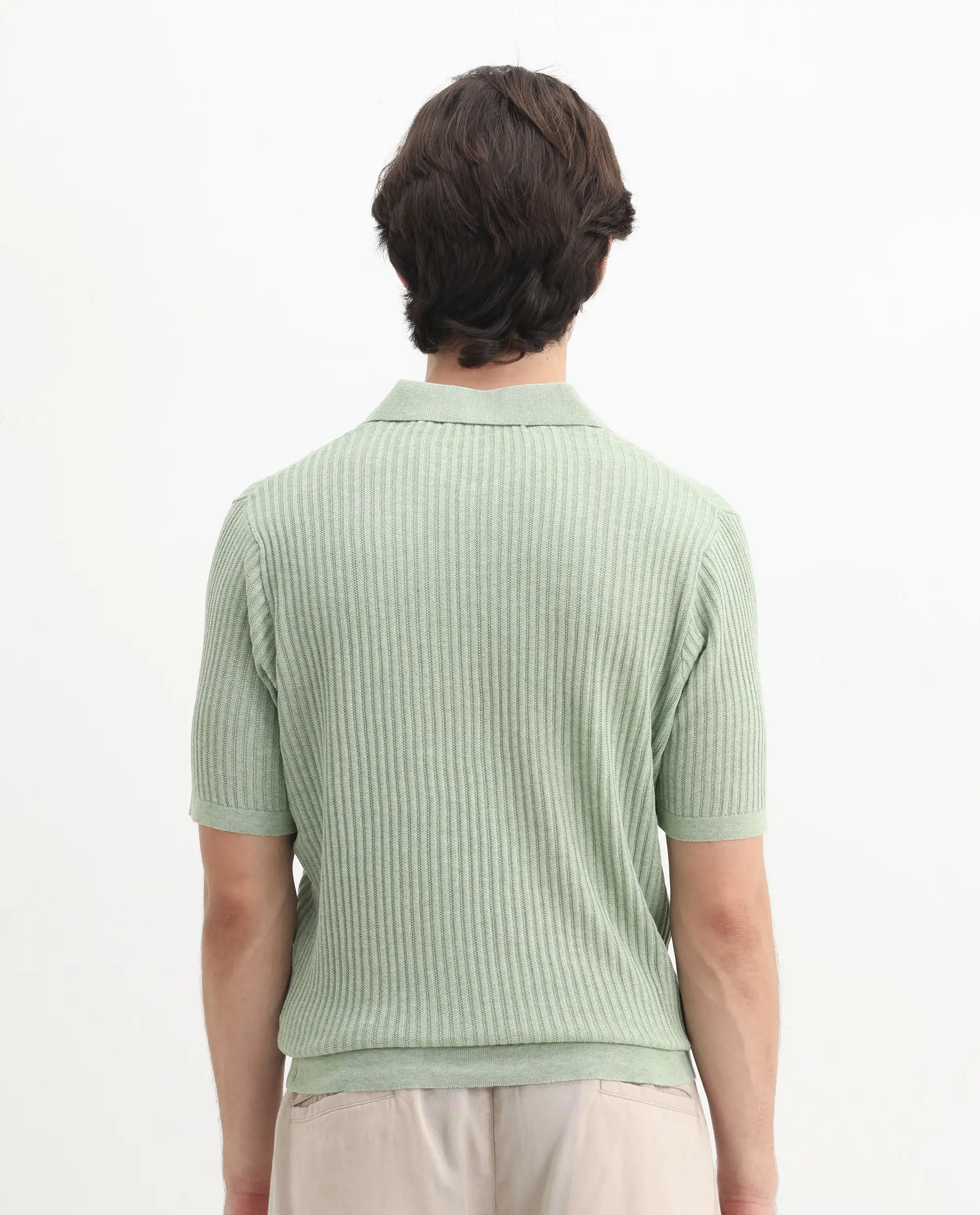 Rare Rabbit Men's Devr Light Green Tencel Textured Regular Fit Half Sleeve Polo - Image 8