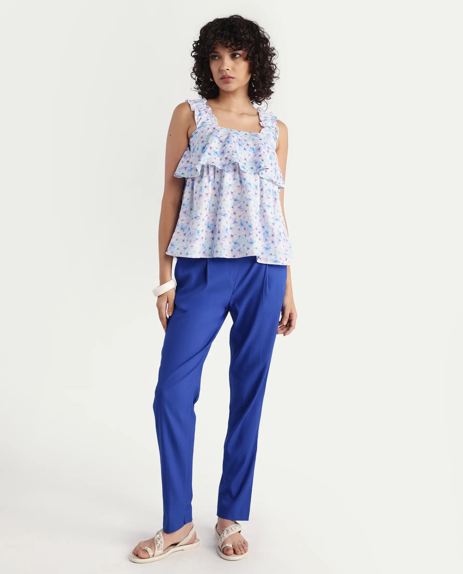 Rareism Women's Dew Purple Linen Collarless Floral Print Sleeveless Regular Fit Top - Image 2