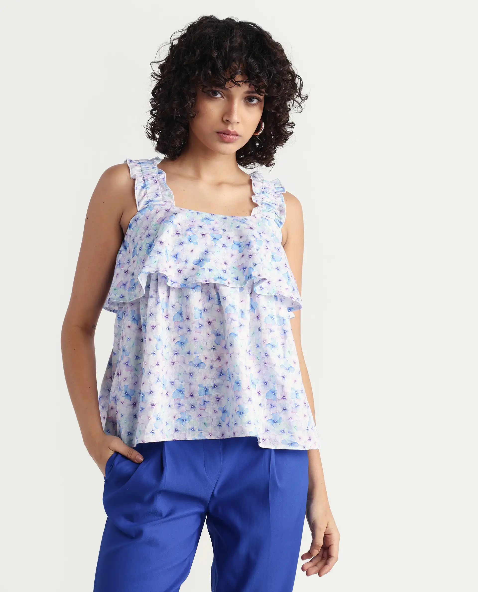 Rareism Women's Dew Purple Linen Collarless Floral Print Sleeveless Regular Fit Top - Image 3