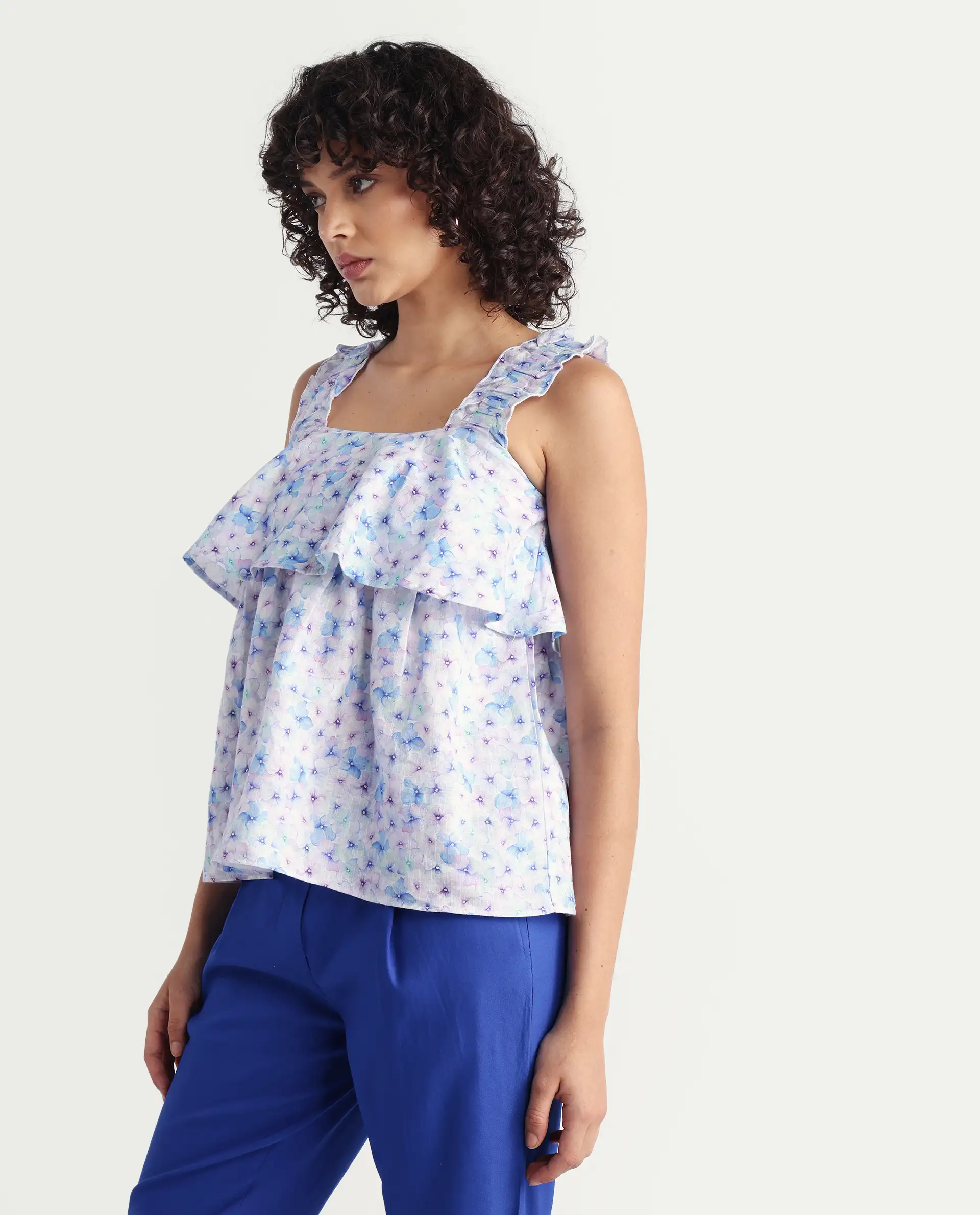 Rareism Women's Dew Purple Linen Collarless Floral Print Sleeveless Regular Fit Top - Image 4