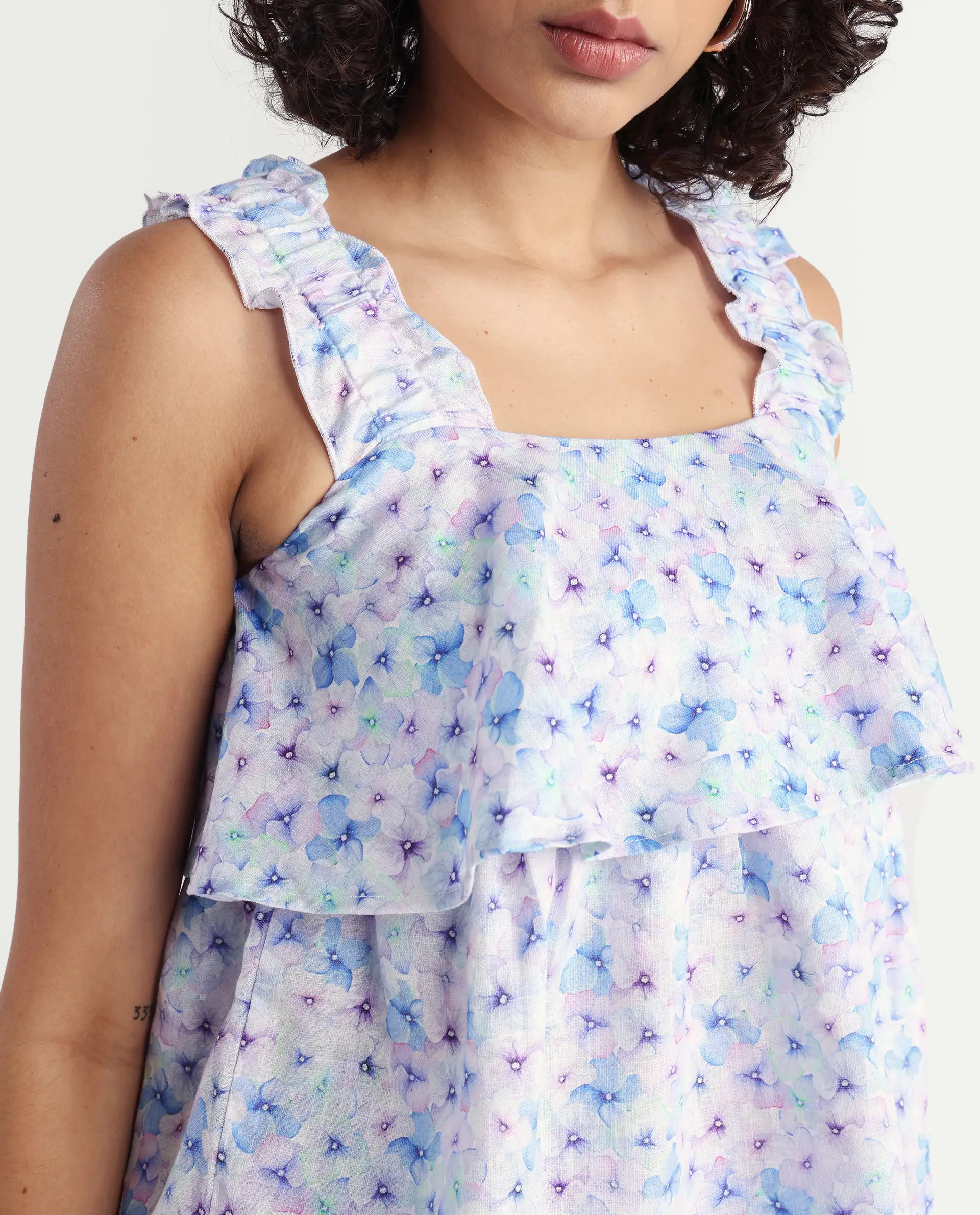 Rareism Women's Dew Purple Linen Collarless Floral Print Sleeveless Regular Fit Top - Image 5