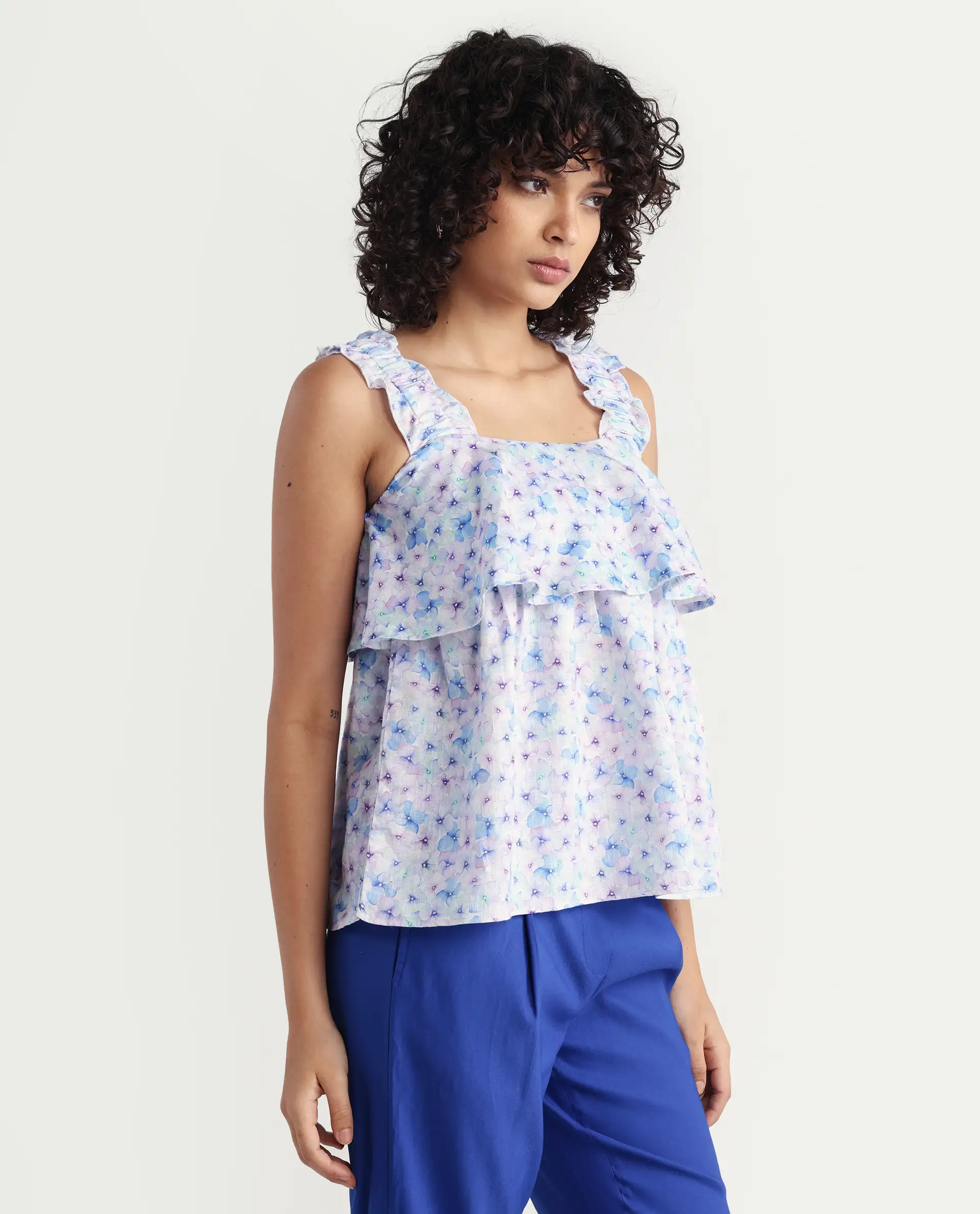 Rareism Women's Dew Purple Linen Collarless Floral Print Sleeveless Regular Fit Top - Image 6