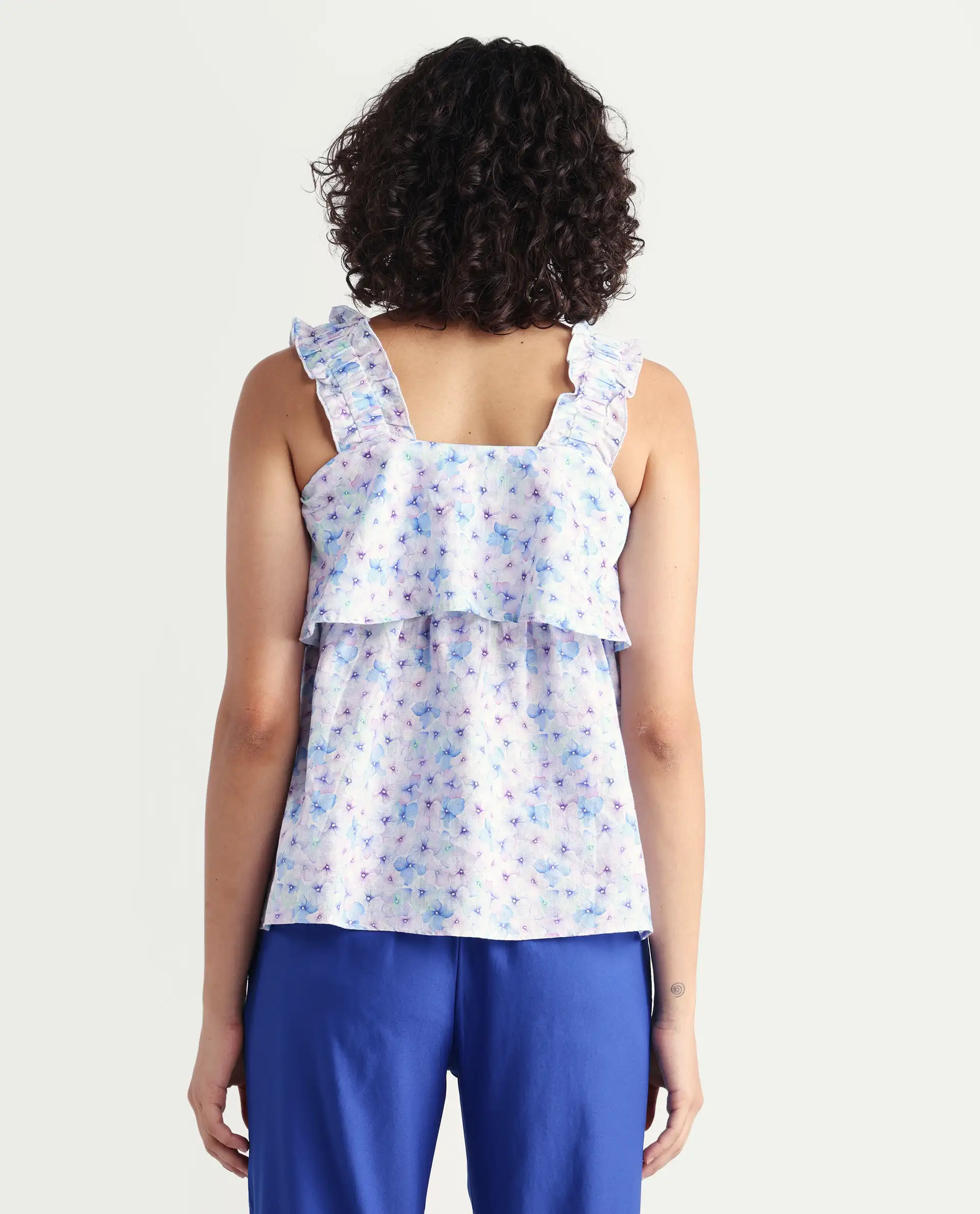 Rareism Women's Dew Purple Linen Collarless Floral Print Sleeveless Regular Fit Top - Image 7