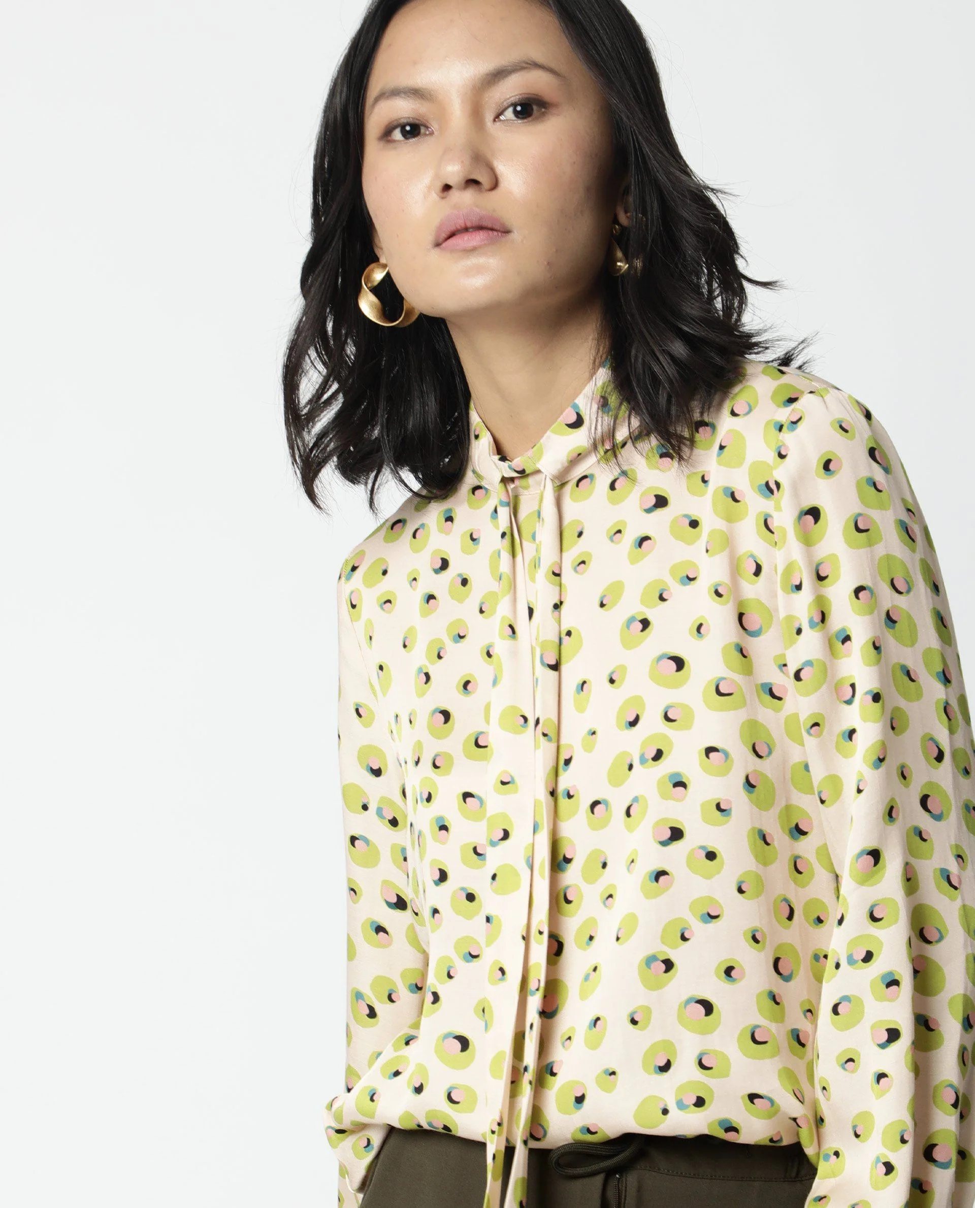 Rareism Womens Dewd Peach Top Abstract Print Cotton Blend Fabric Round Neck Long Sleeves