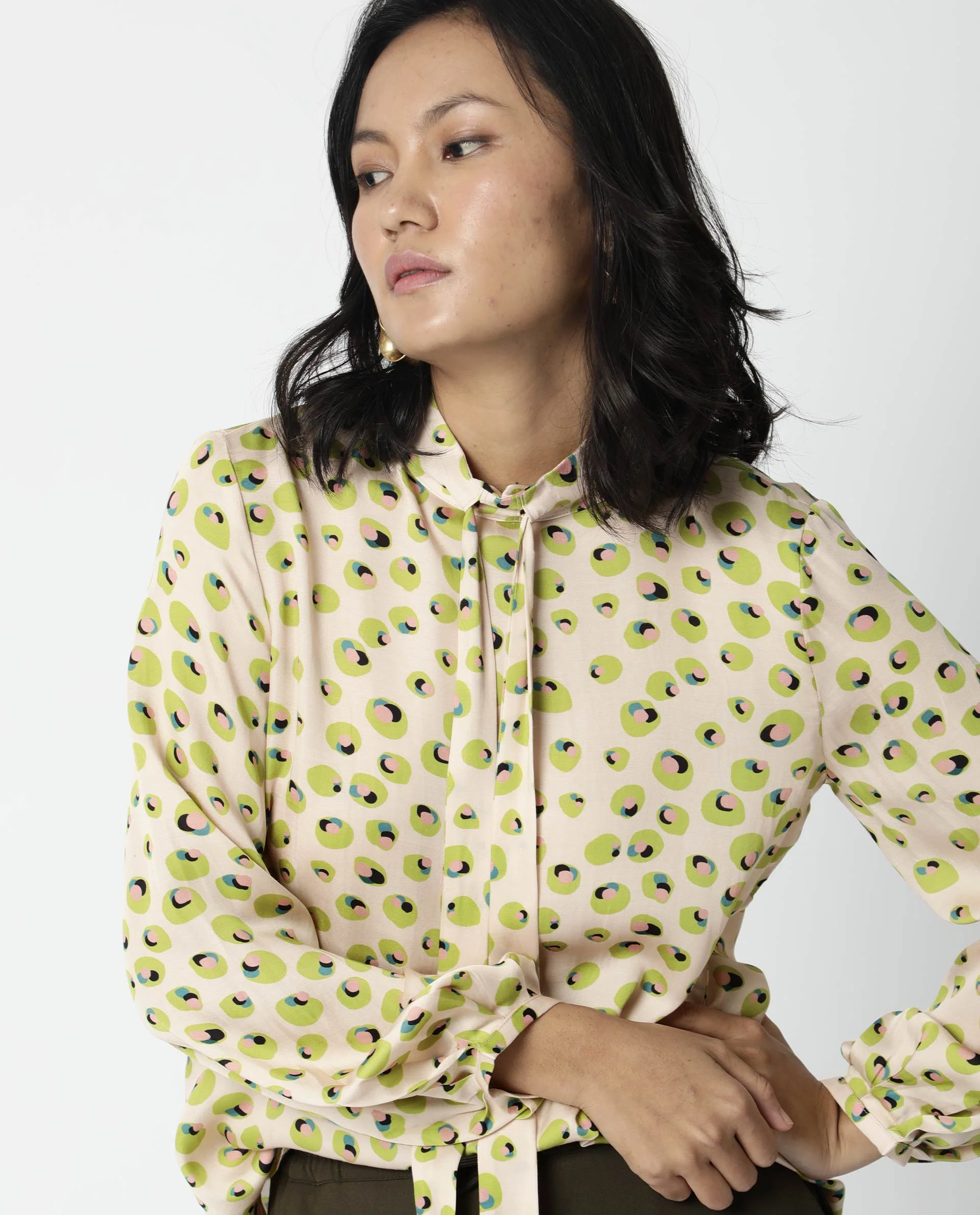 Rareism Womens Dewd Peach Top Abstract Print Cotton Blend Fabric Round Neck Long Sleeves - Image 2