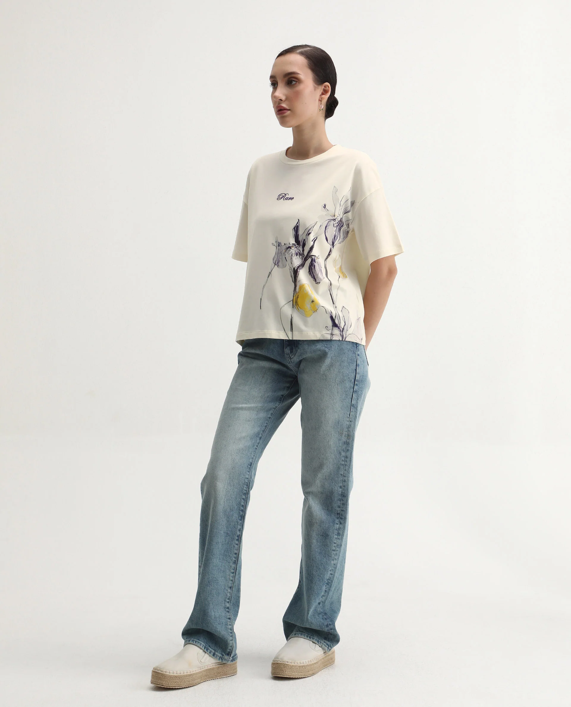 Rareism Women's Dewn Off White Cotton Blend Crew Neck Relaxed Fit T-Shirt - Image 2