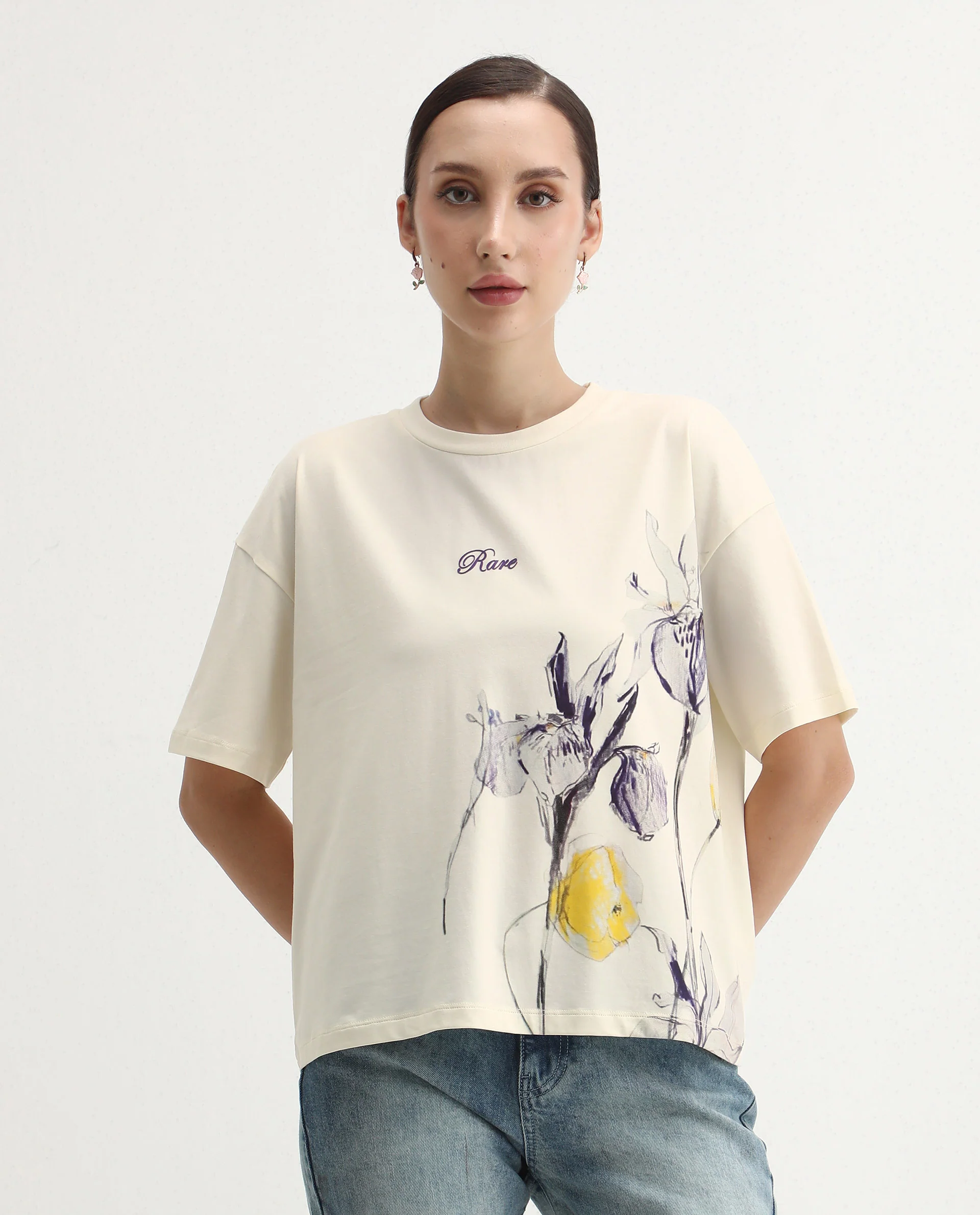 Rareism Women's Dewn Off White Cotton Blend Crew Neck Relaxed Fit T-Shirt - Image 3