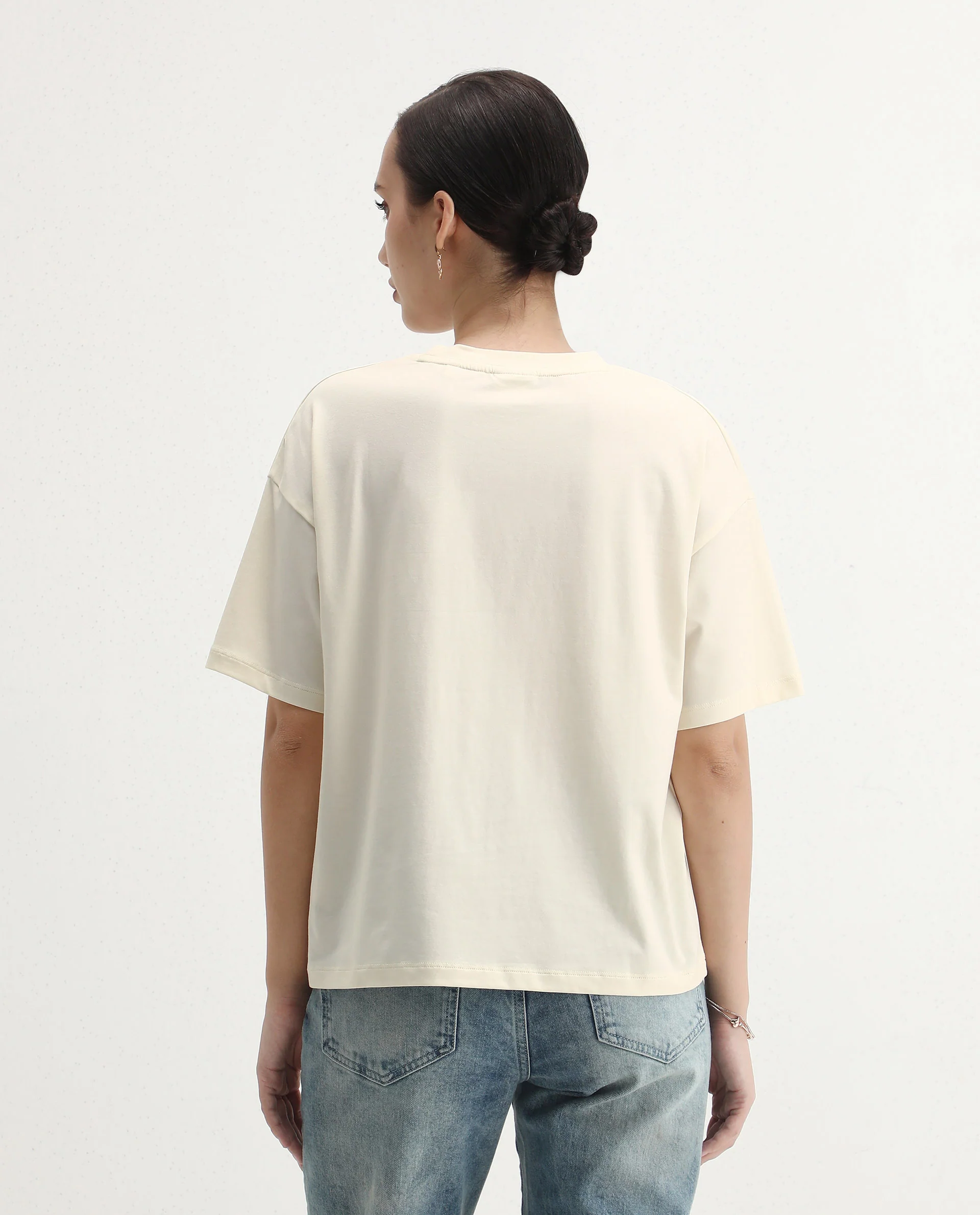 Rareism Women's Dewn Off White Cotton Blend Crew Neck Relaxed Fit T-Shirt - Image 6