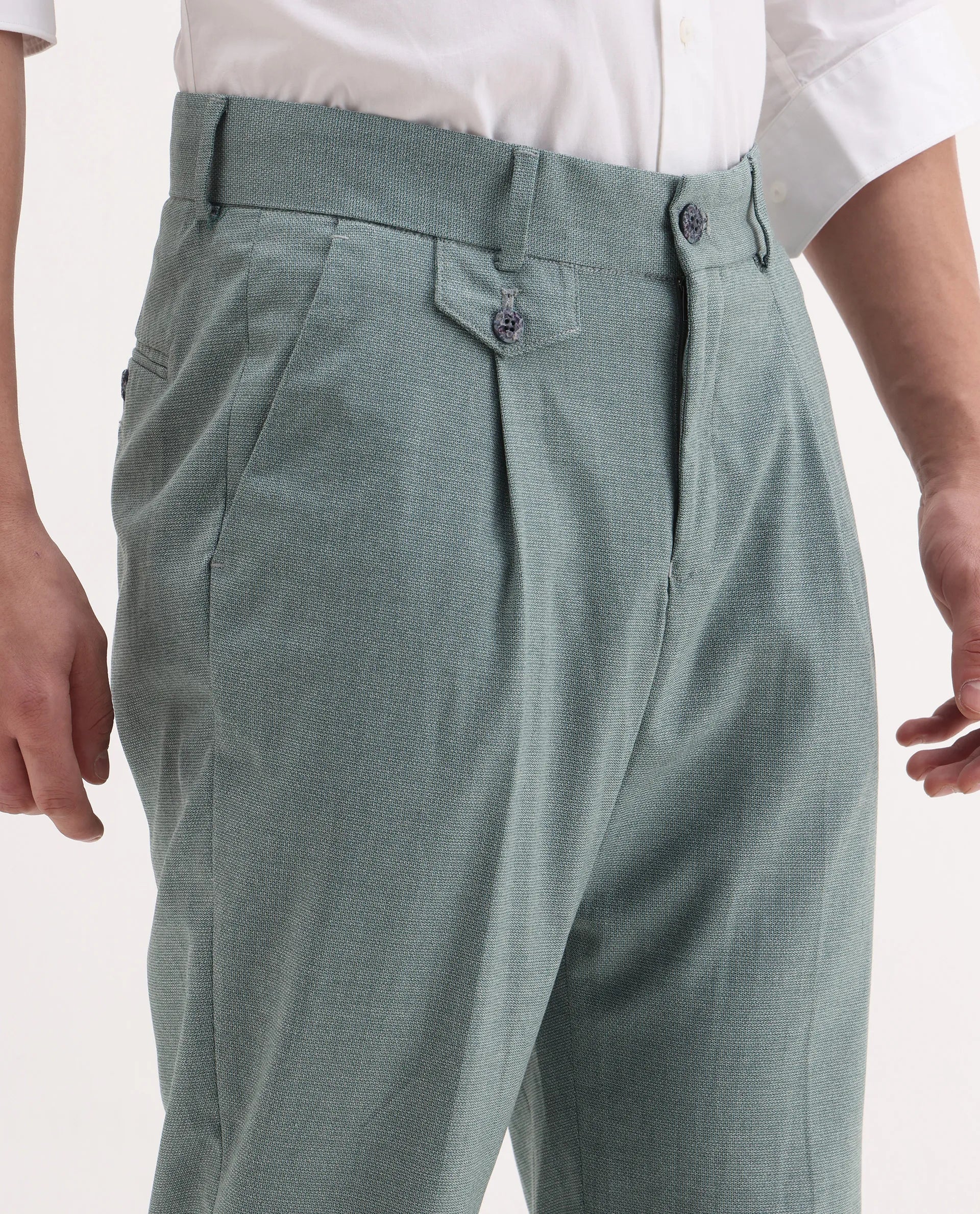 Rare Rabbit Men's Dex Green Cotton Plain Regular Fit Trouser - Image 3