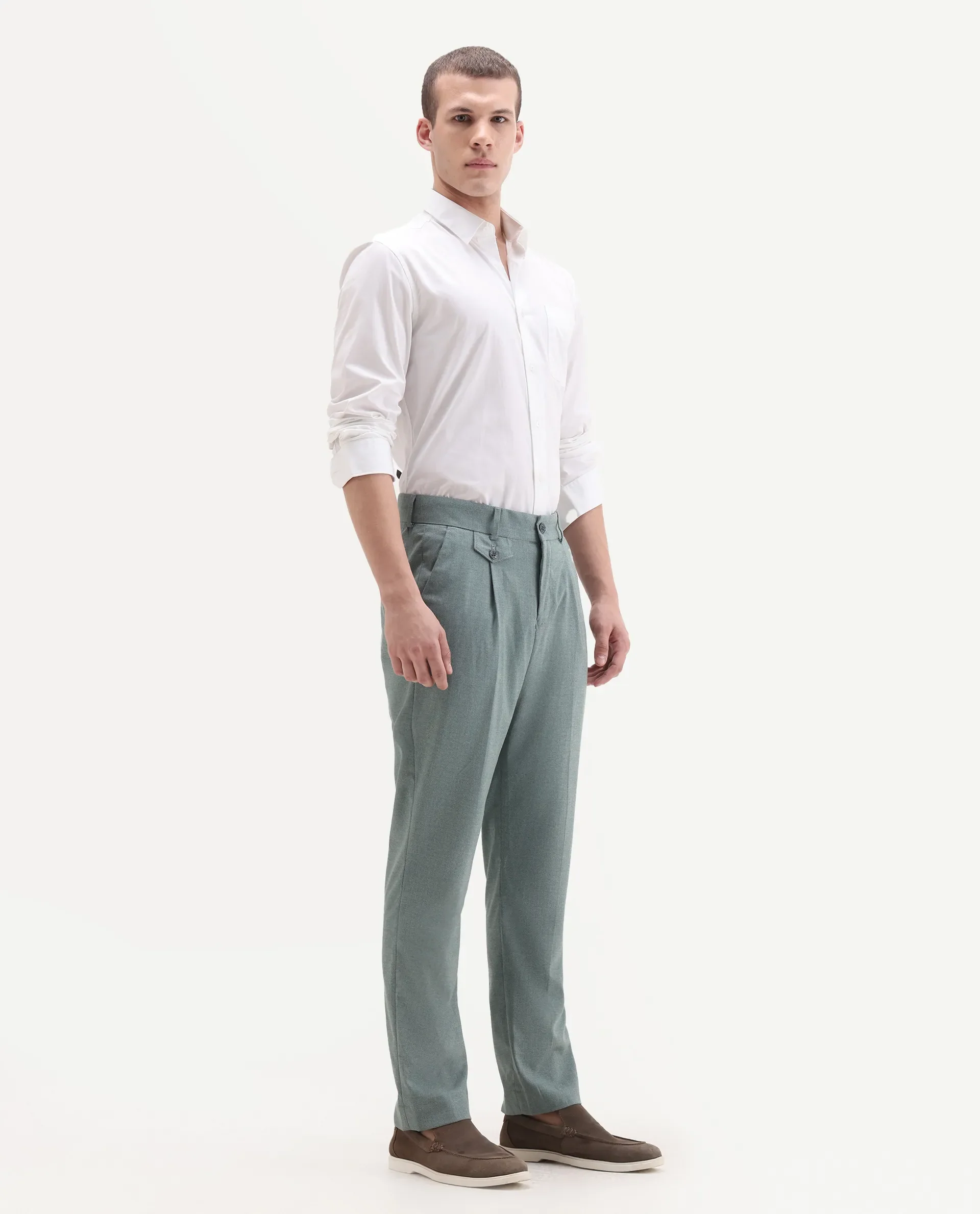 Rare Rabbit Men's Dex Green Cotton Plain Regular Fit Trouser - Image 4
