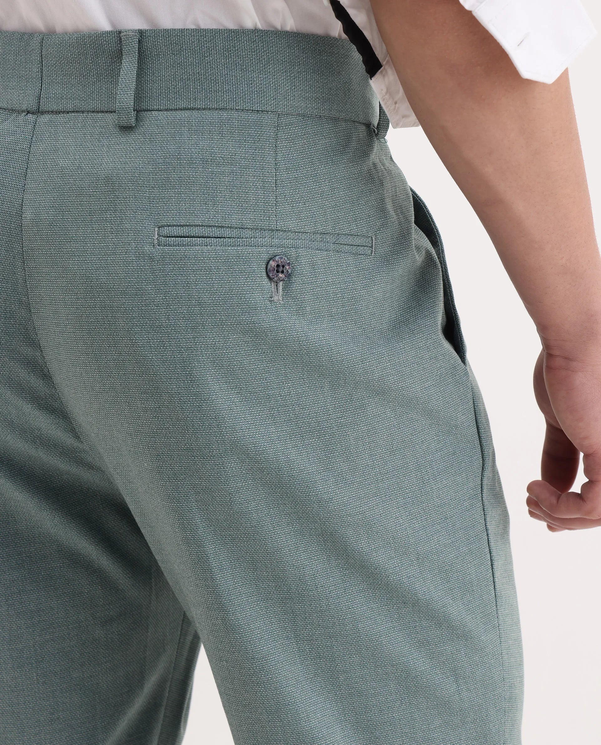Rare Rabbit Men's Dex Green Cotton Plain Regular Fit Trouser - Image 5