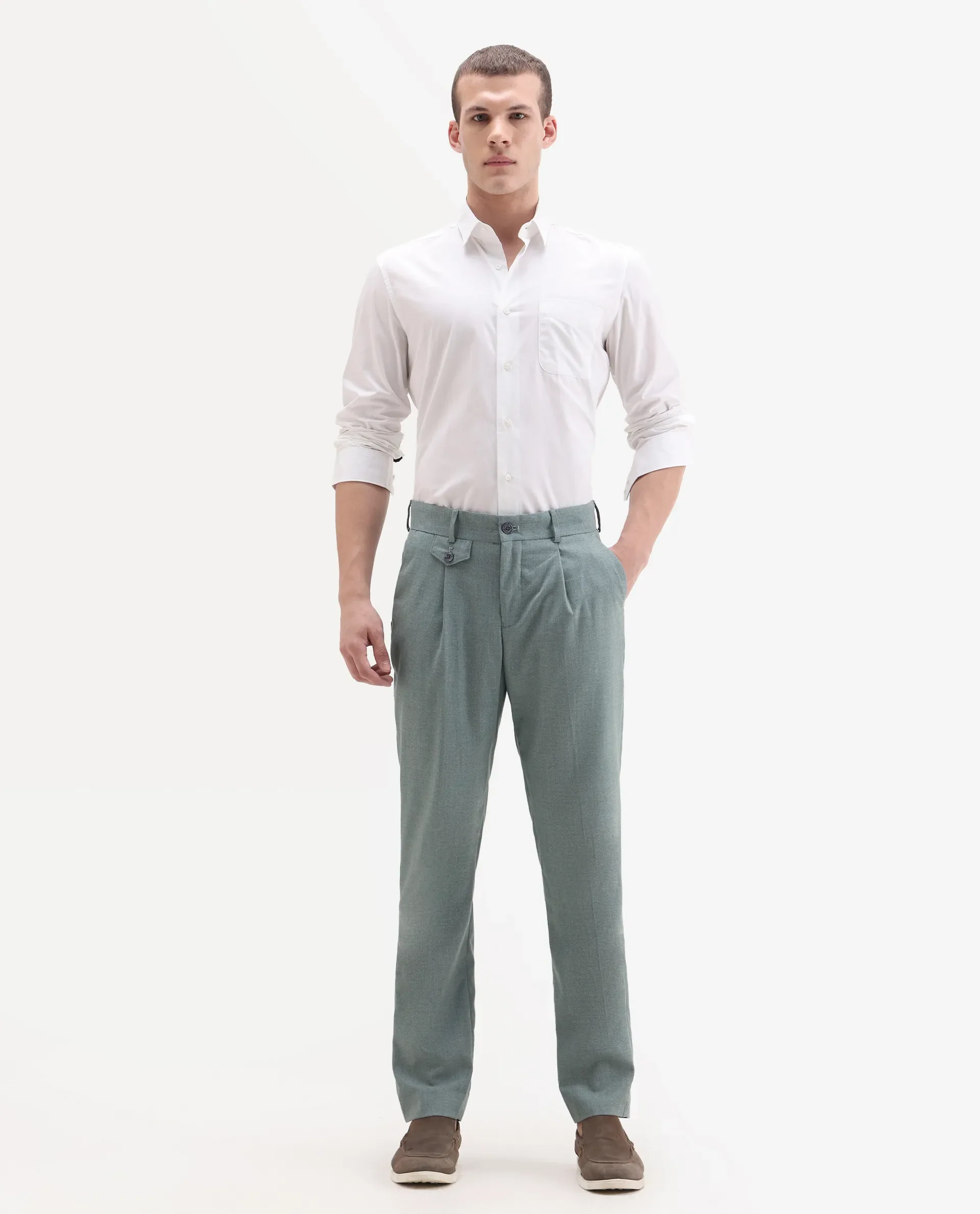 Rare Rabbit Men's Dex Green Cotton Plain Regular Fit Trouser - Image 6