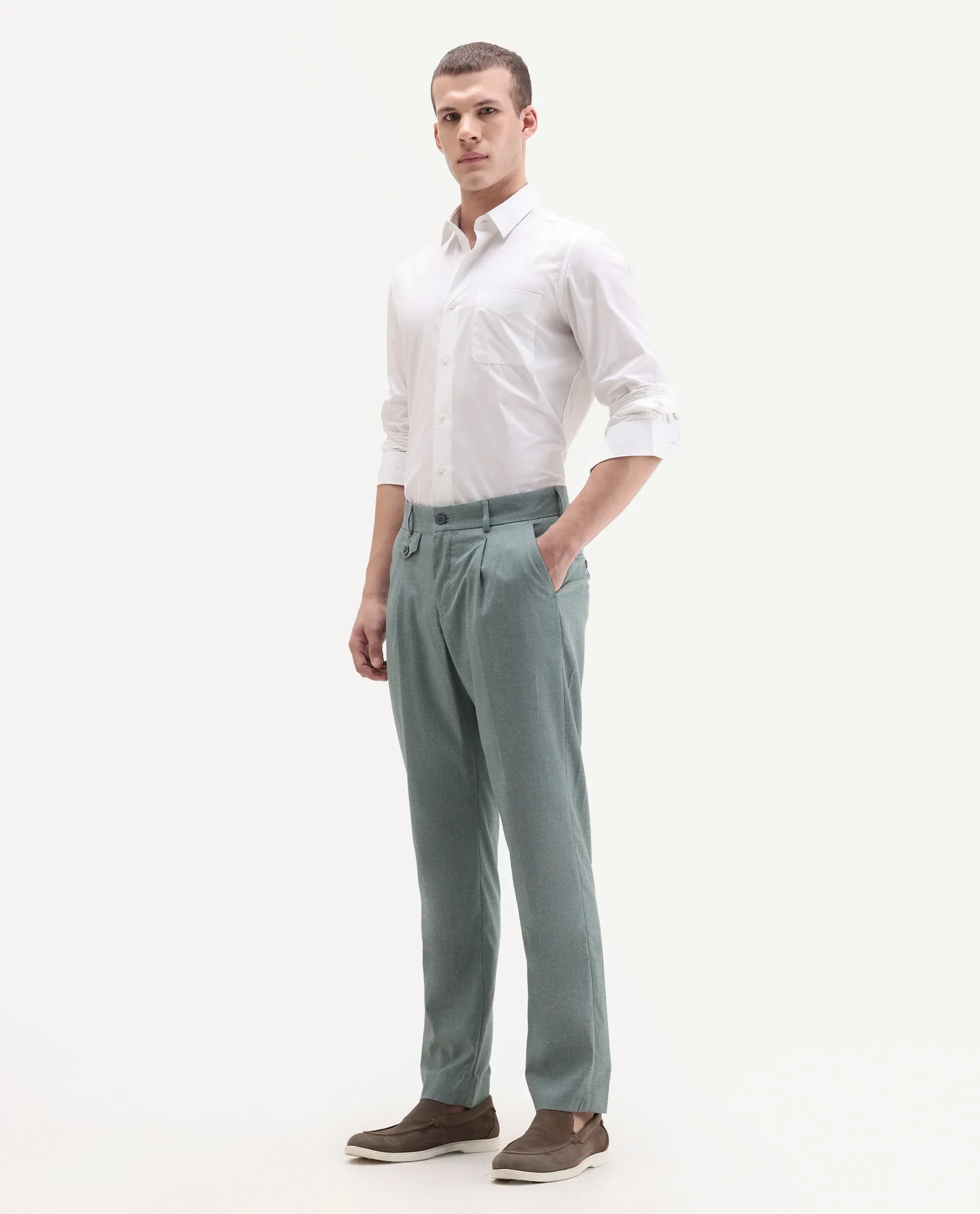 Rare Rabbit Men's Dex Green Cotton Plain Regular Fit Trouser - Image 7