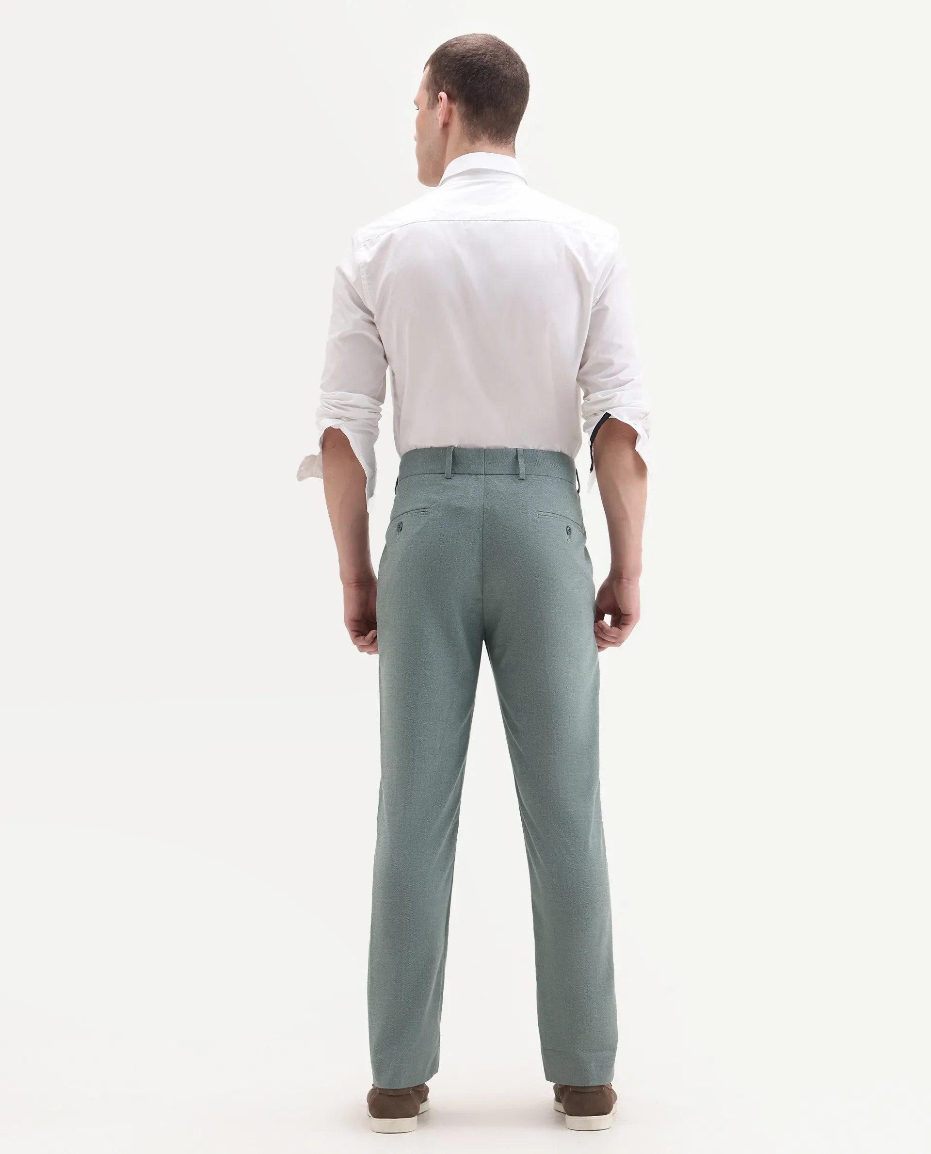 Rare Rabbit Men's Dex Green Cotton Plain Regular Fit Trouser - Image 8