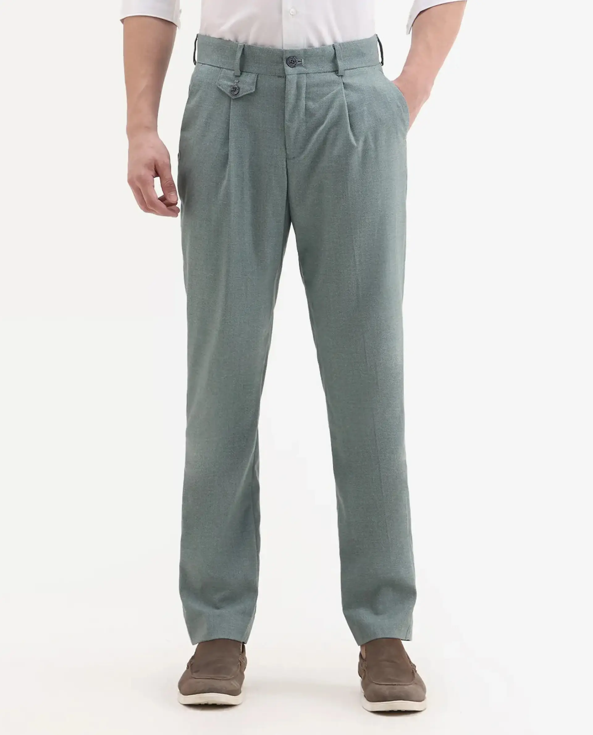 Rare Rabbit Men's Dex Green Cotton Plain Regular Fit Trouser - Image 9