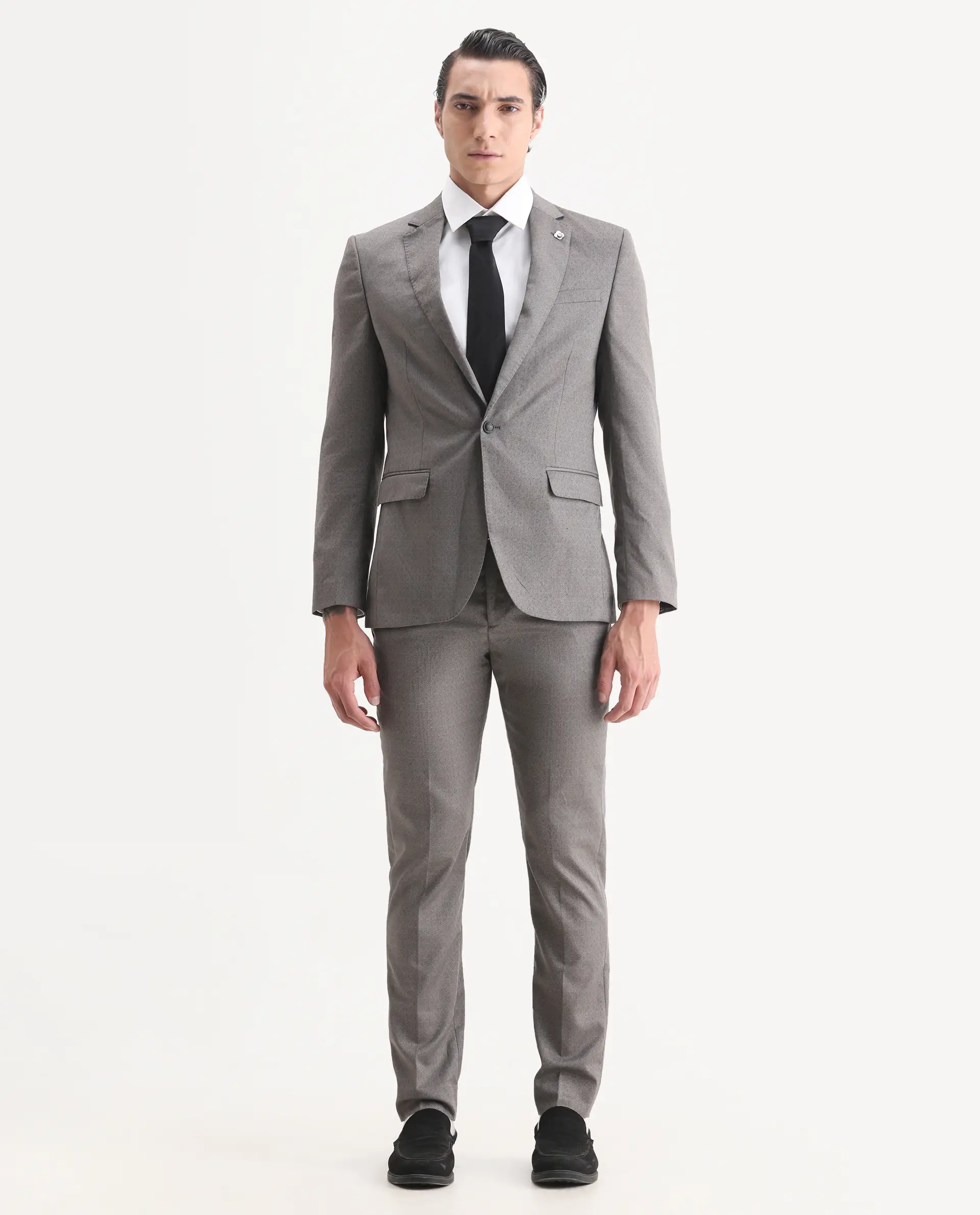 Rare Rabbit Men's Dexter Grey Viscose Jacquard Tailored Fit Full Sleeve Lapel Neck Suits