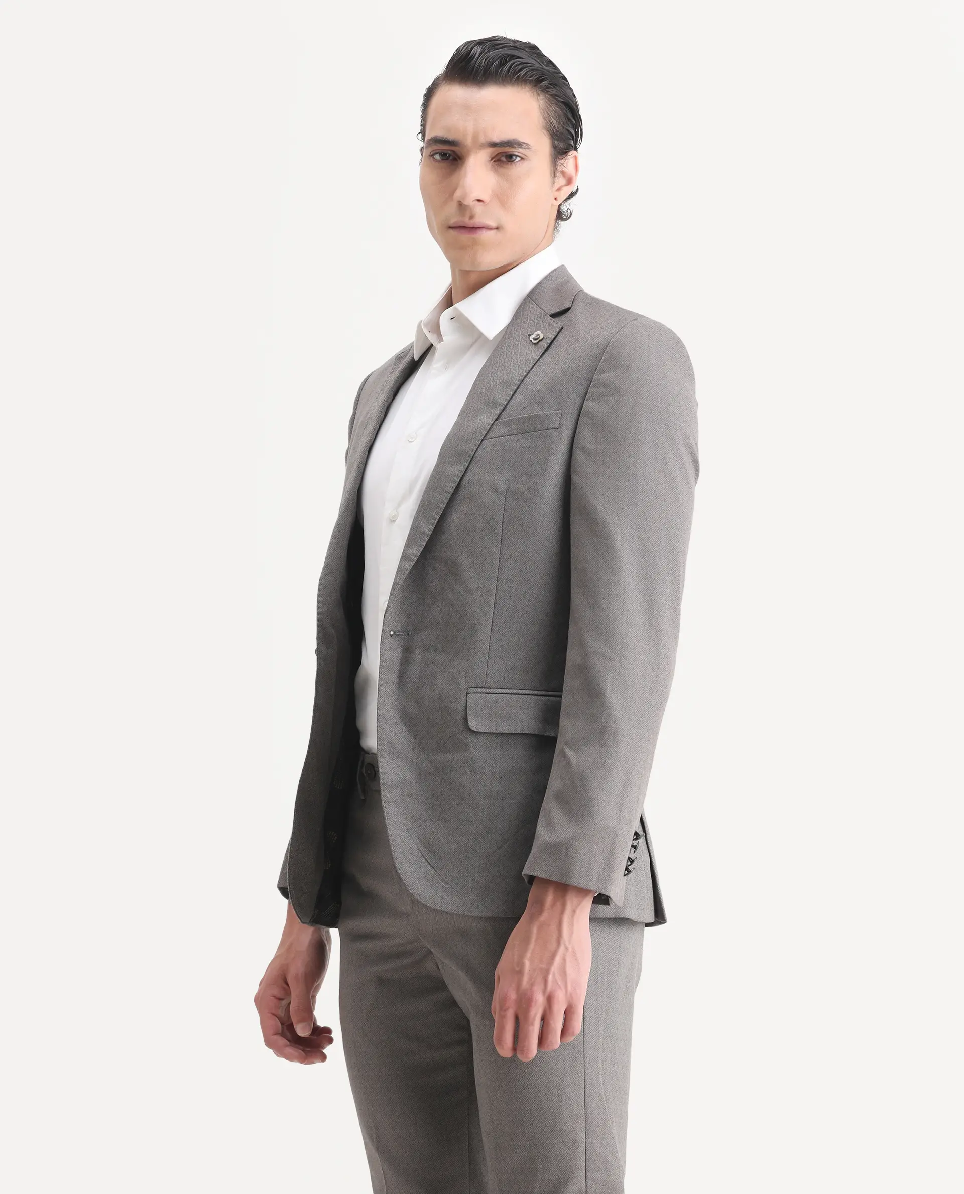 Rare Rabbit Men's Dexter Grey Viscose Jacquard Tailored Fit Full Sleeve Lapel Neck Suits - Image 10