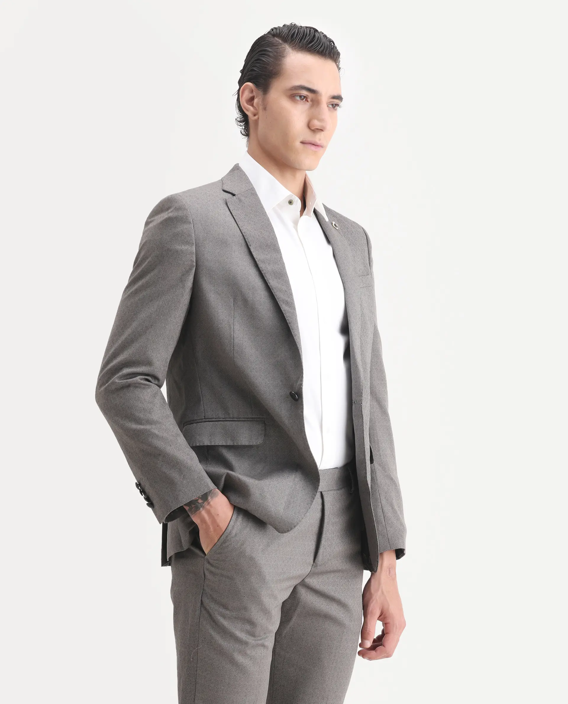 Rare Rabbit Men's Dexter Grey Viscose Jacquard Tailored Fit Full Sleeve Lapel Neck Suits - Image 11