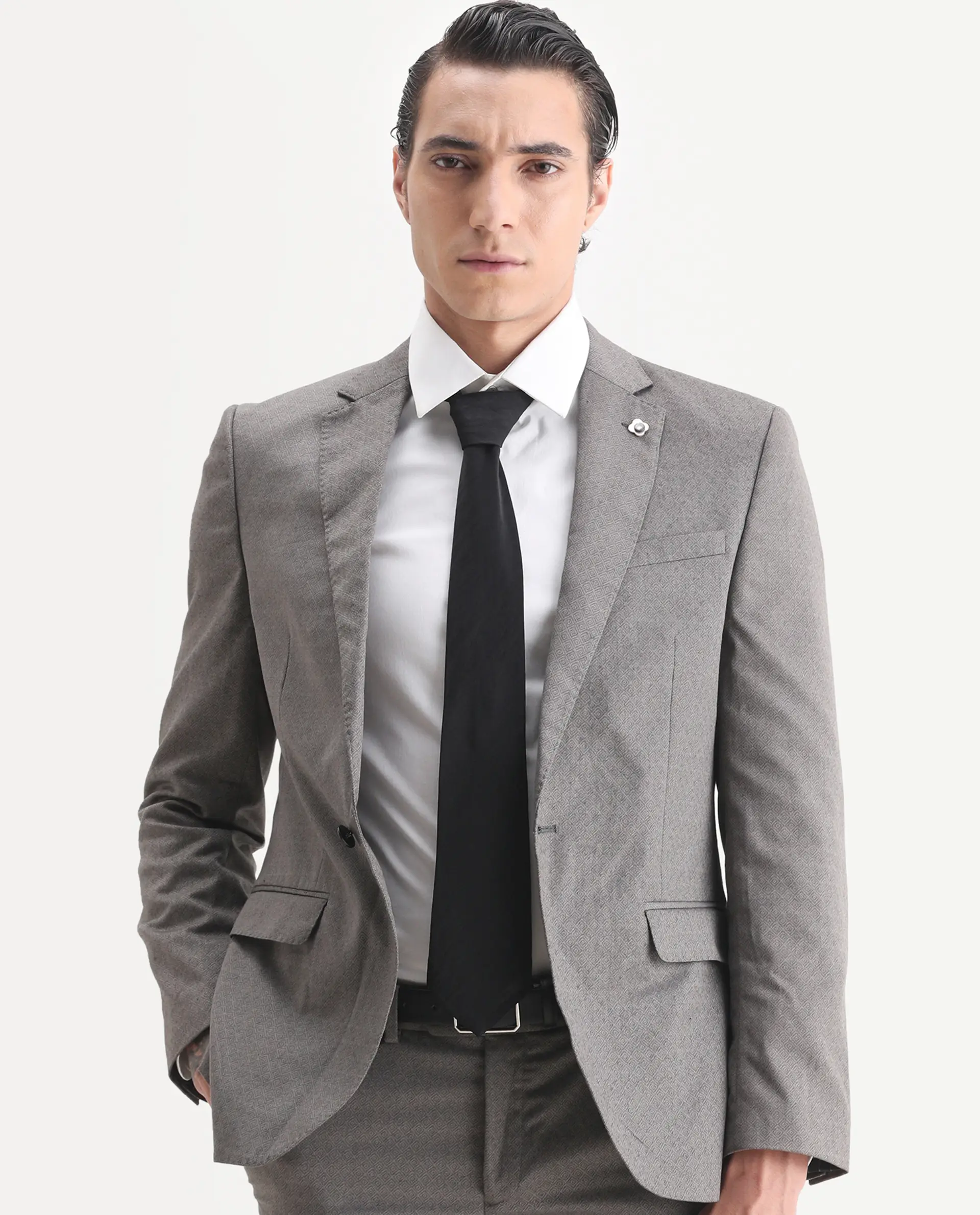 Rare Rabbit Men's Dexter Grey Viscose Jacquard Tailored Fit Full Sleeve Lapel Neck Suits - Image 2