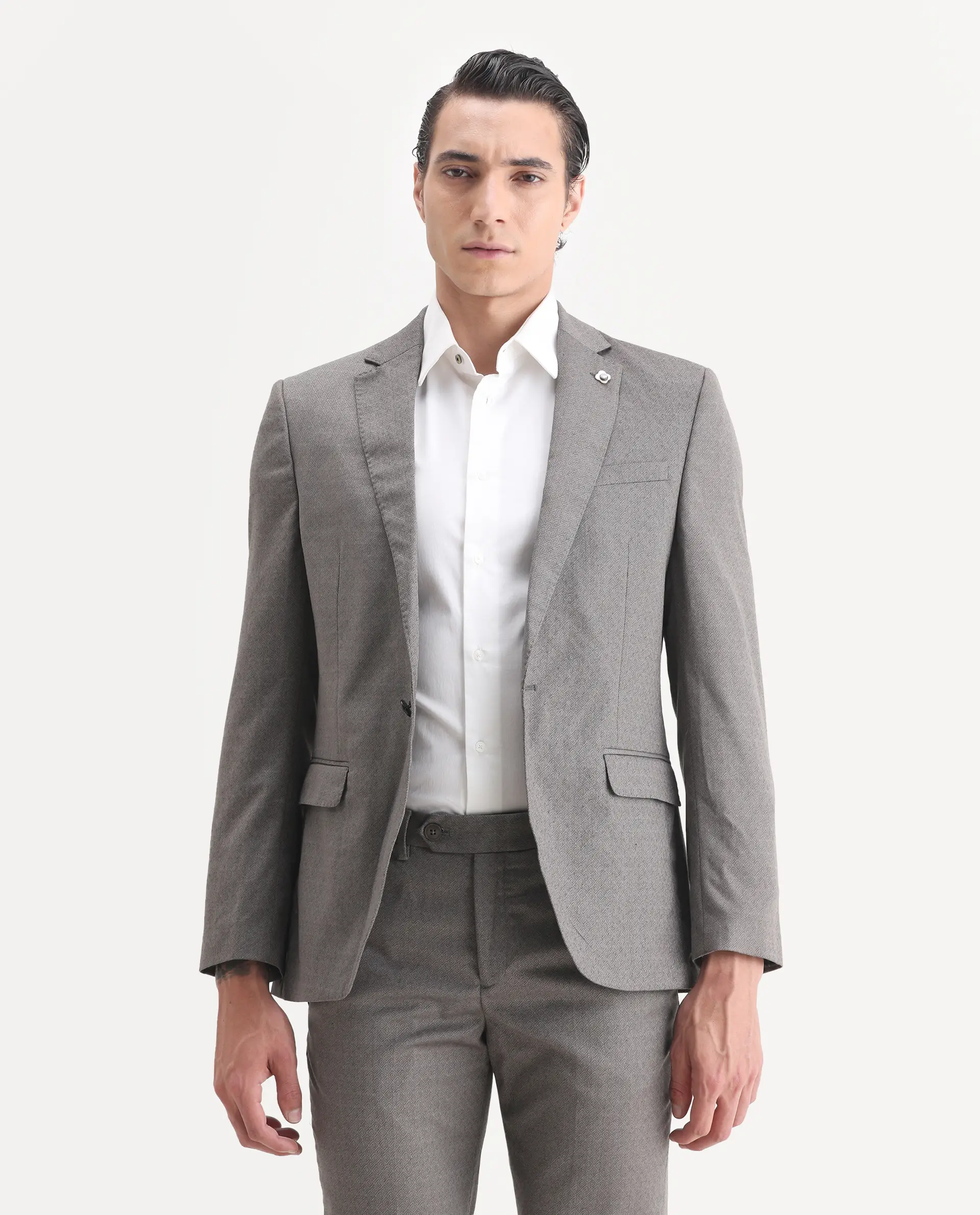 Rare Rabbit Men's Dexter Grey Viscose Jacquard Tailored Fit Full Sleeve Lapel Neck Suits - Image 9