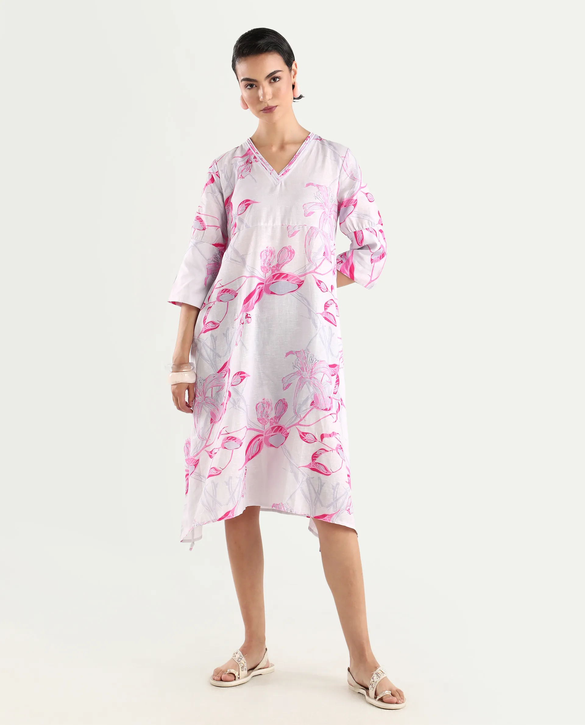Rareism Women's Dherry Pastel Purple Linen V-Neck Paisley Print Midi Regular Fit Dress - Image 2