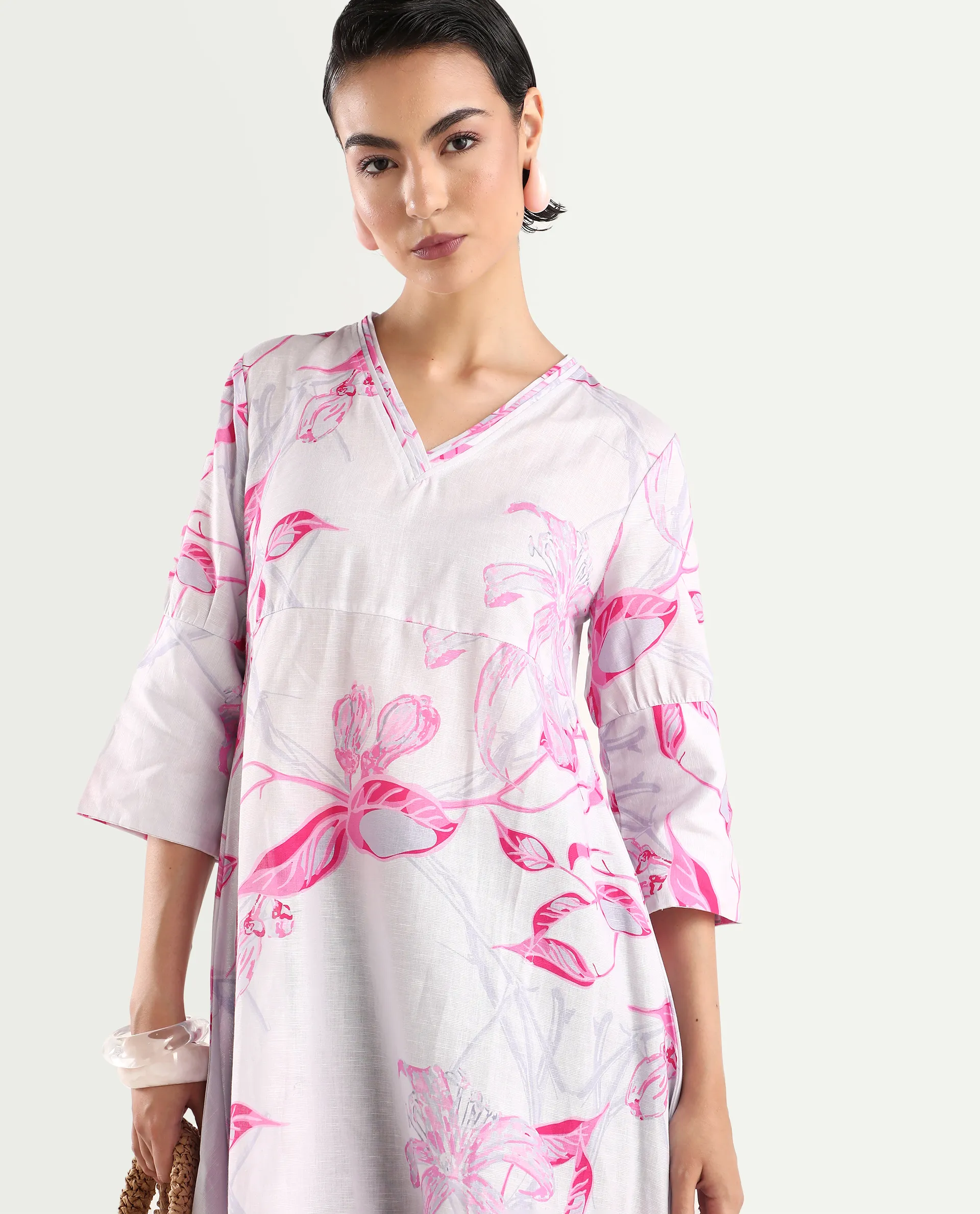 Rareism Women's Dherry Pastel Purple Linen V-Neck Paisley Print Midi Regular Fit Dress - Image 3