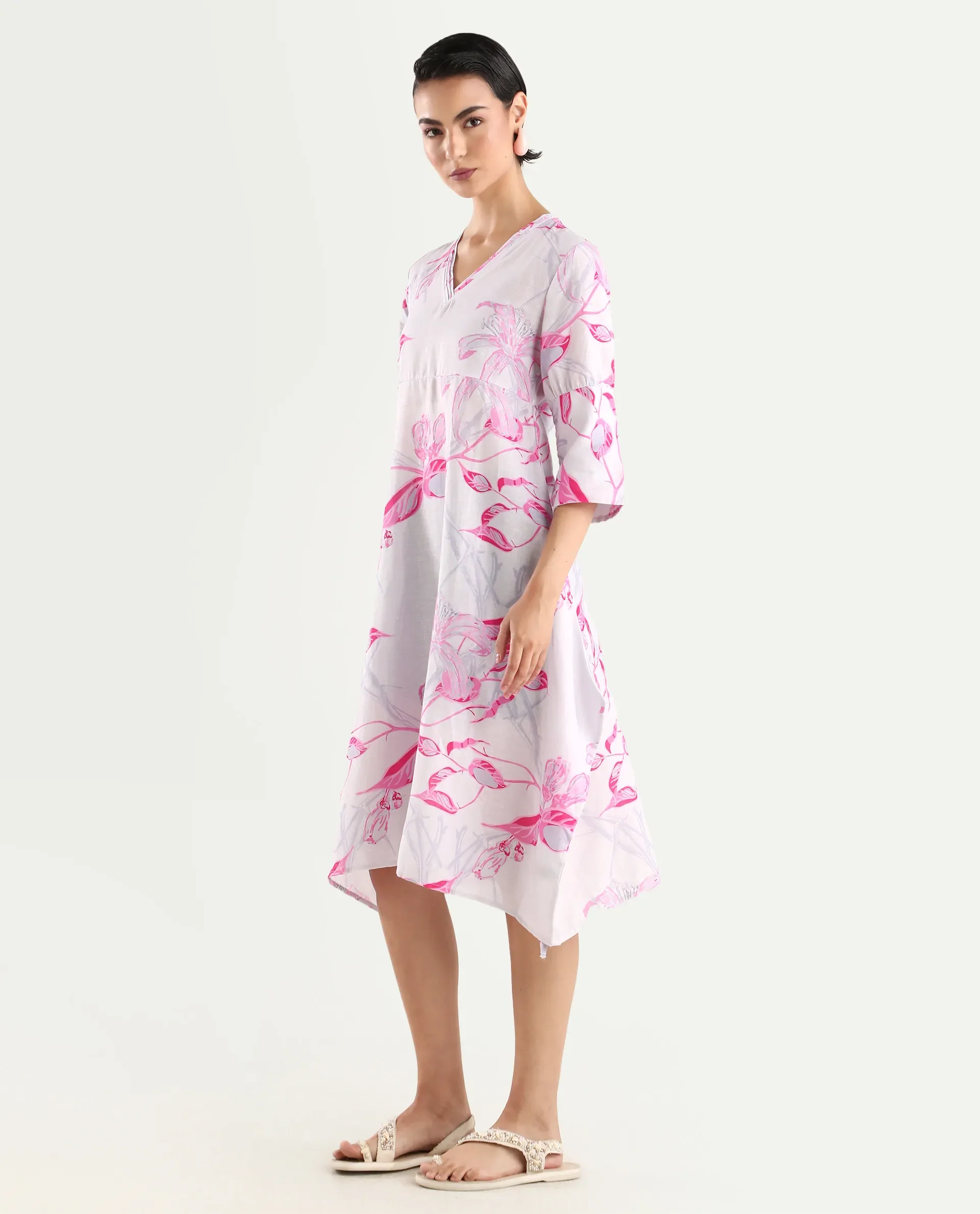 Rareism Women's Dherry Pastel Purple Linen V-Neck Paisley Print Midi Regular Fit Dress - Image 5