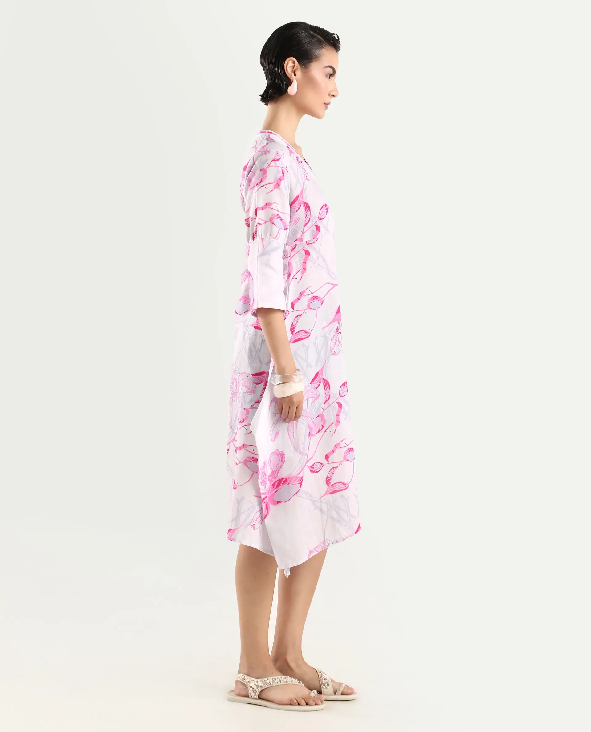 Rareism Women's Dherry Pastel Purple Linen V-Neck Paisley Print Midi Regular Fit Dress - Image 6