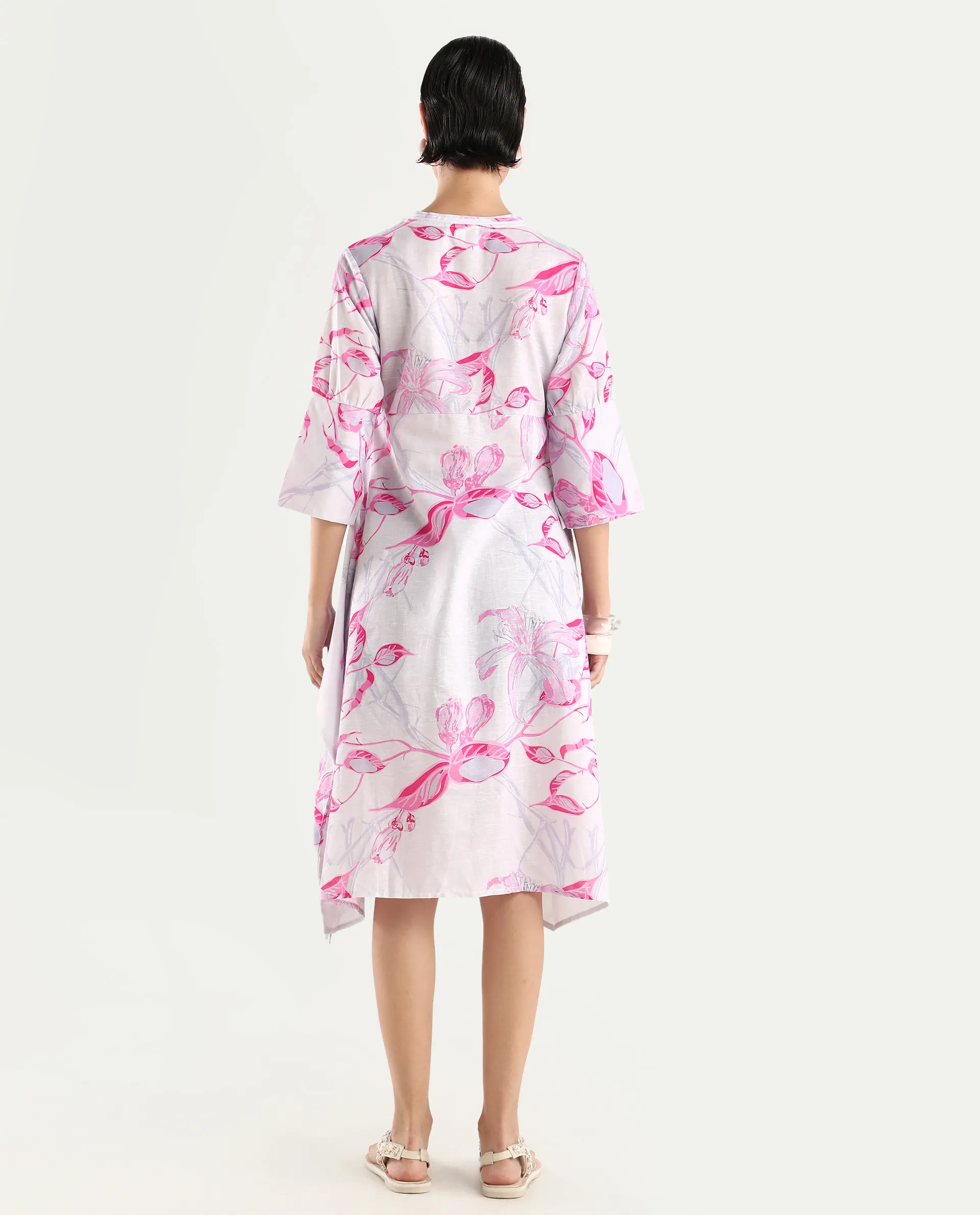 Rareism Women's Dherry Pastel Purple Linen V-Neck Paisley Print Midi Regular Fit Dress - Image 7