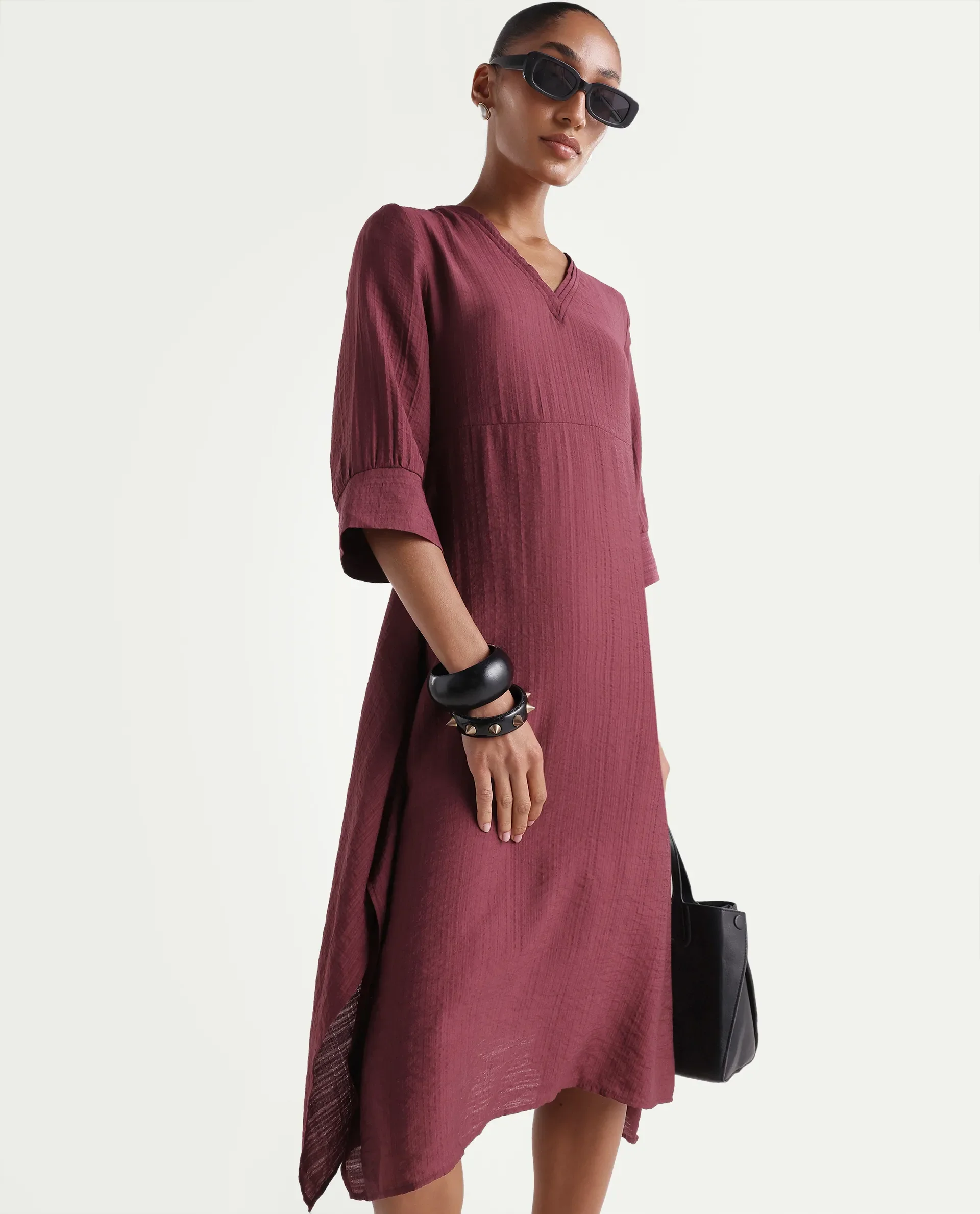 Rareism Women's Dhery Maroon Viscose Blend V-Neck A-Line Plain Dress - Image 2