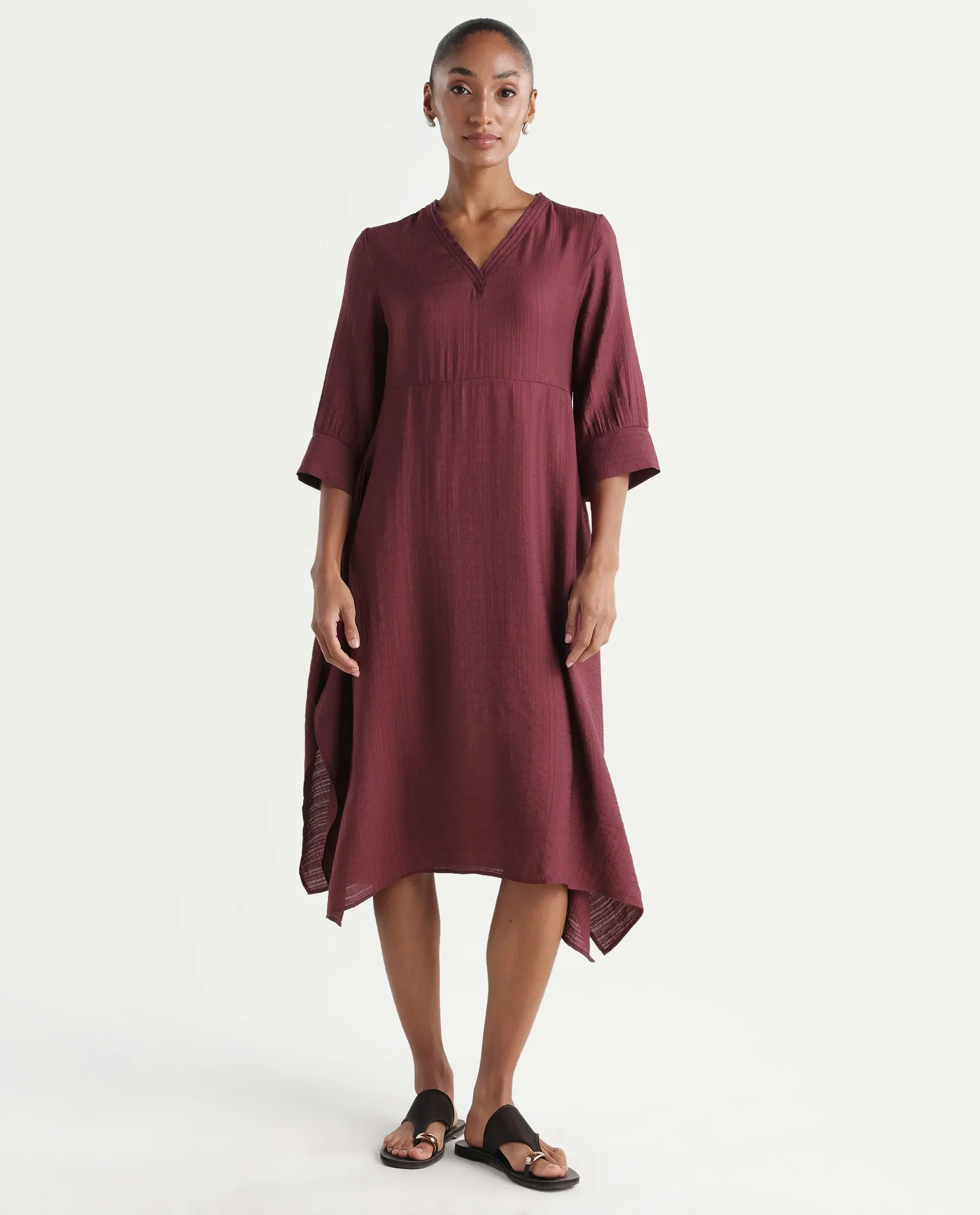 Rareism Women's Dhery Maroon Viscose Blend V-Neck A-Line Plain Dress - Image 3
