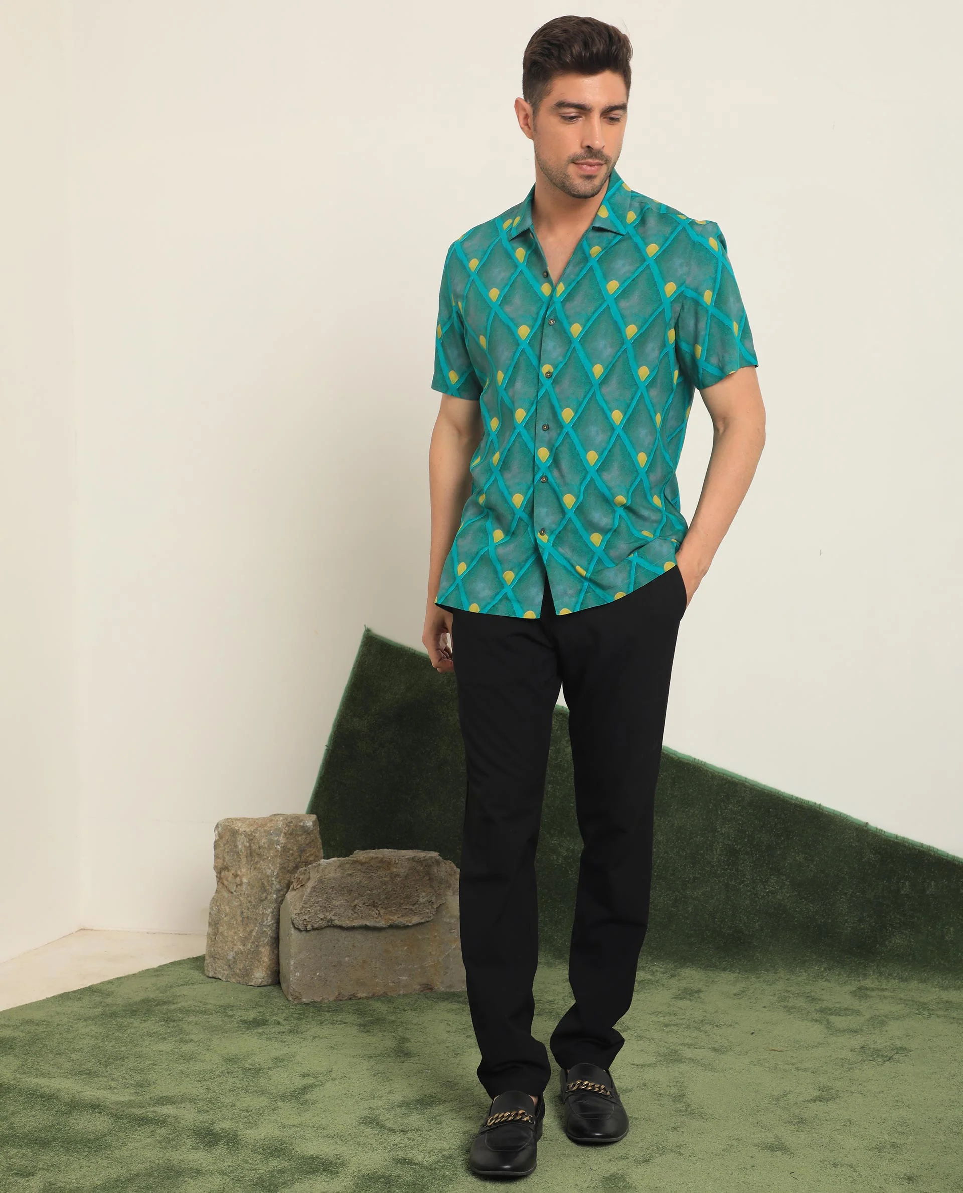 Rare Rabbit Men's Diam Dusky Green Viscose Geometric Print Regular Fit Half Sleeve Collared Shirt - Image 2