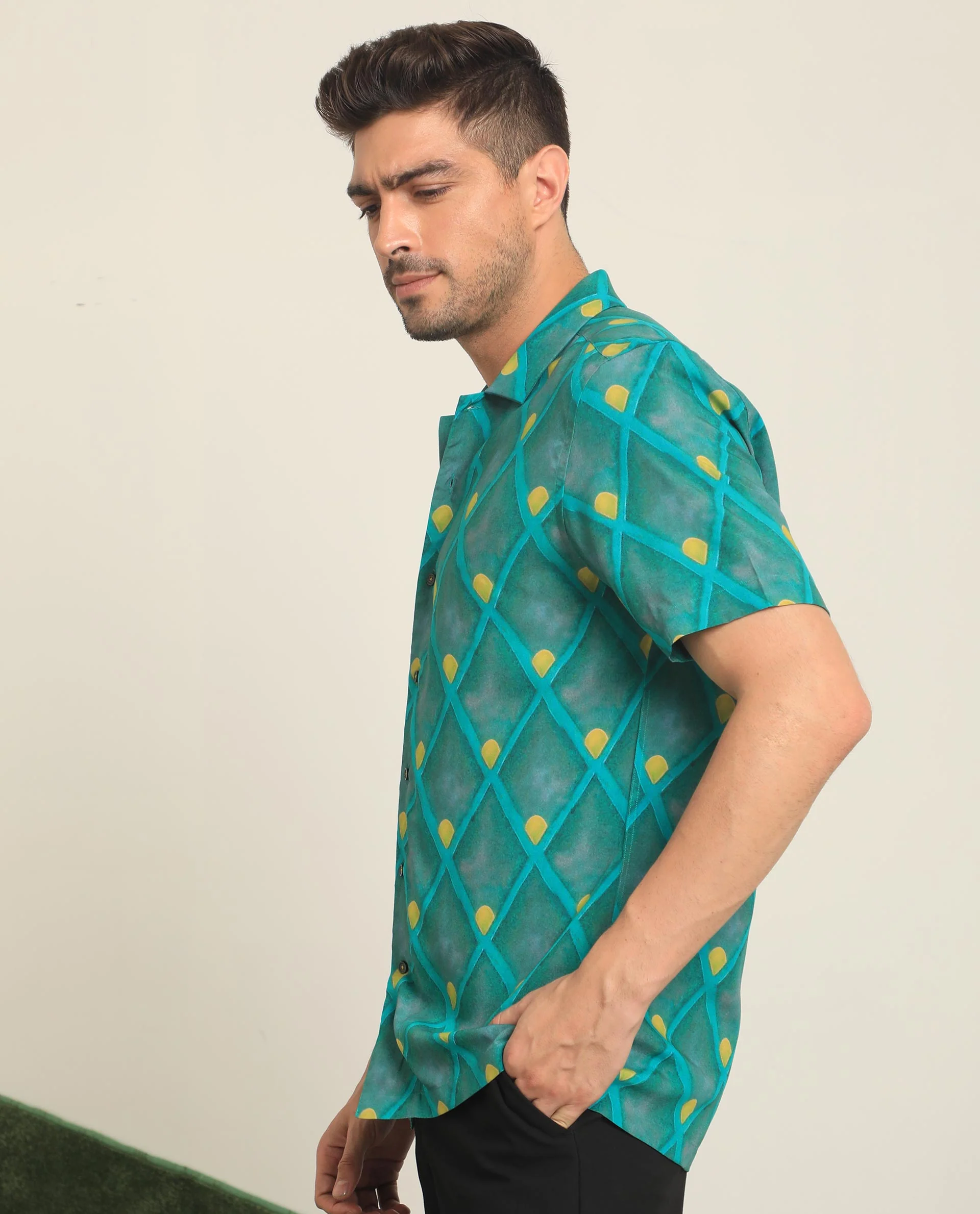 Rare Rabbit Men's Diam Dusky Green Viscose Geometric Print Regular Fit Half Sleeve Collared Shirt - Image 3
