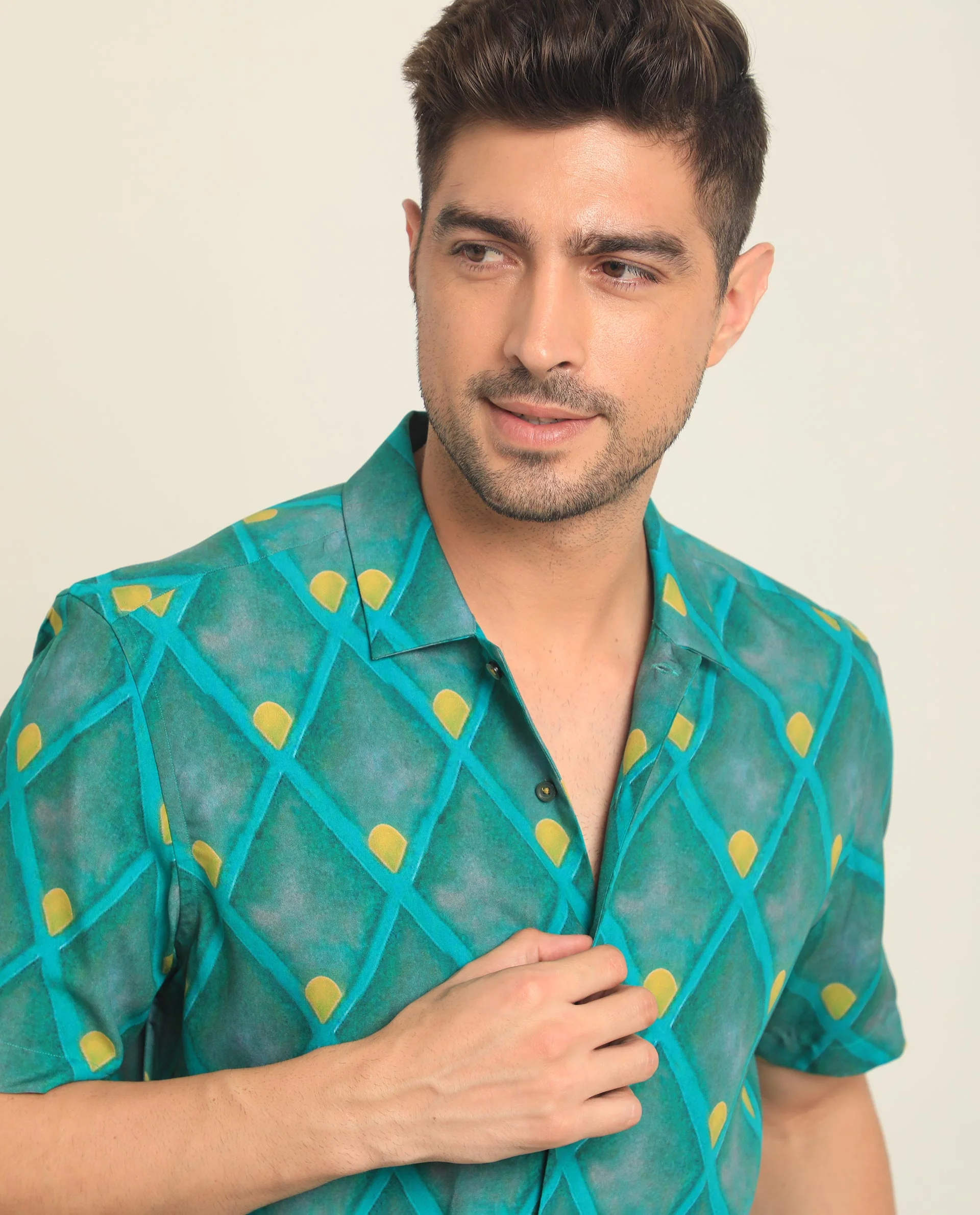 Rare Rabbit Men's Diam Dusky Green Viscose Geometric Print Regular Fit Half Sleeve Collared Shirt - Image 5