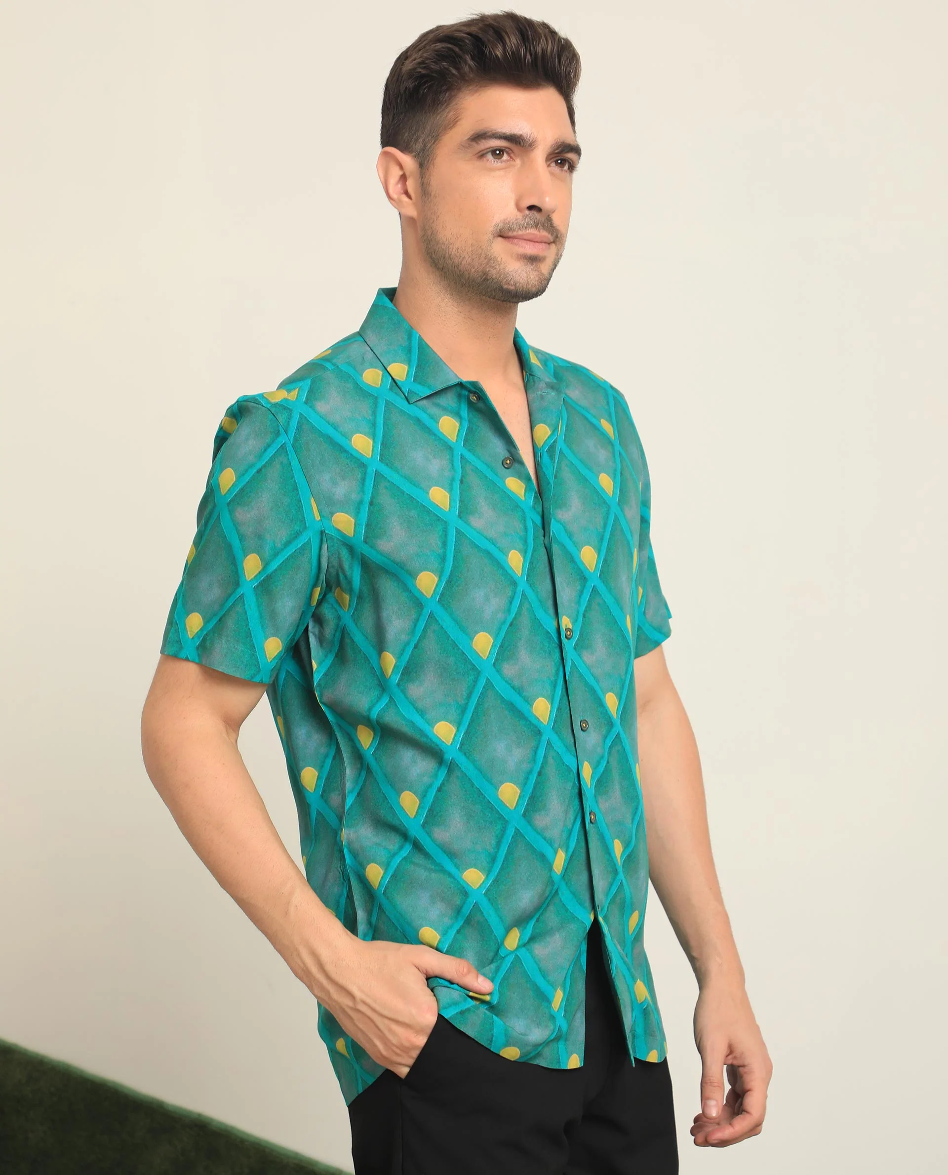 Rare Rabbit Men's Diam Dusky Green Viscose Geometric Print Regular Fit Half Sleeve Collared Shirt - Image 6