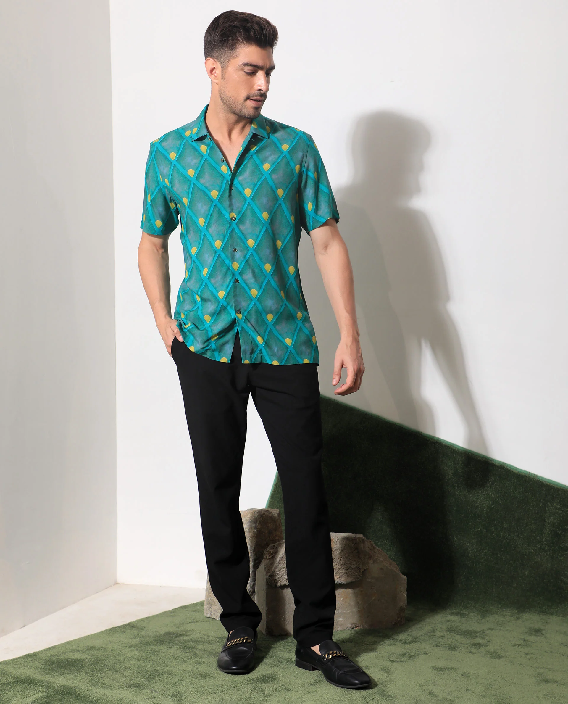 Rare Rabbit Men's Diam Dusky Green Viscose Geometric Print Regular Fit Half Sleeve Collared Shirt - Image 7