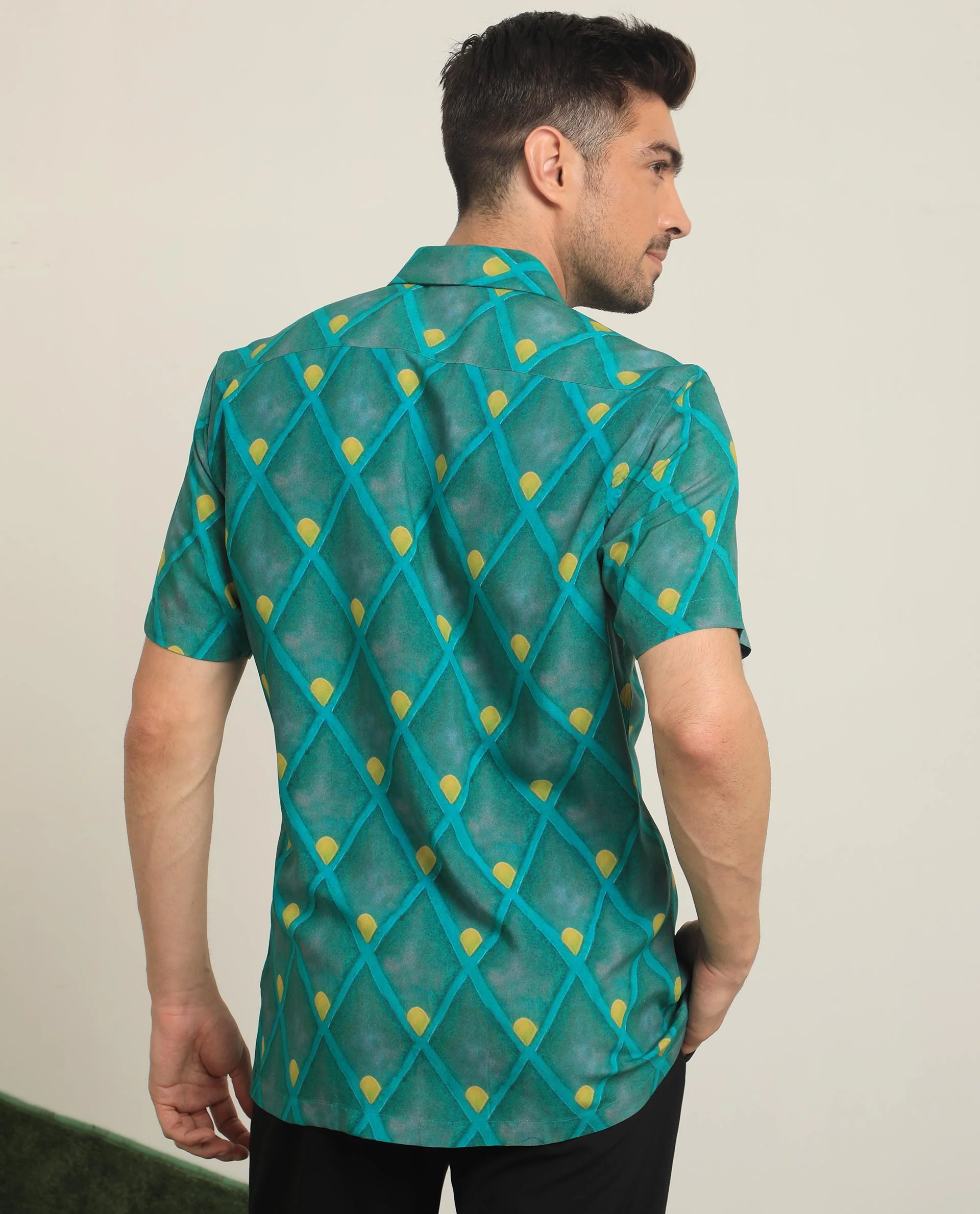Rare Rabbit Men's Diam Dusky Green Viscose Geometric Print Regular Fit Half Sleeve Collared Shirt - Image 8