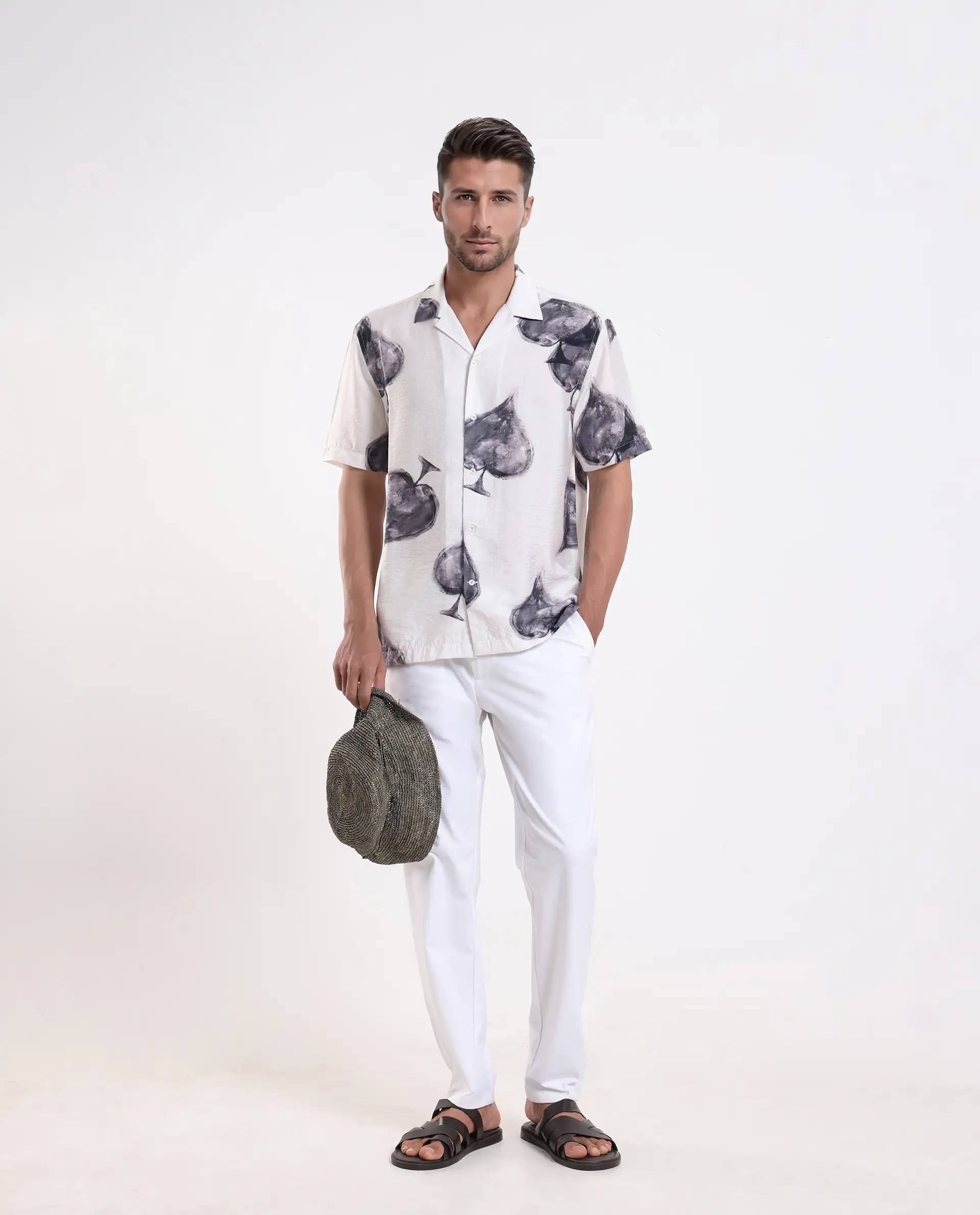 Rare Rabbit Men's Diam White Viscose Blend Digital Print Regular Fit Half Sleeve Cuban Collar Shirt - Image 3