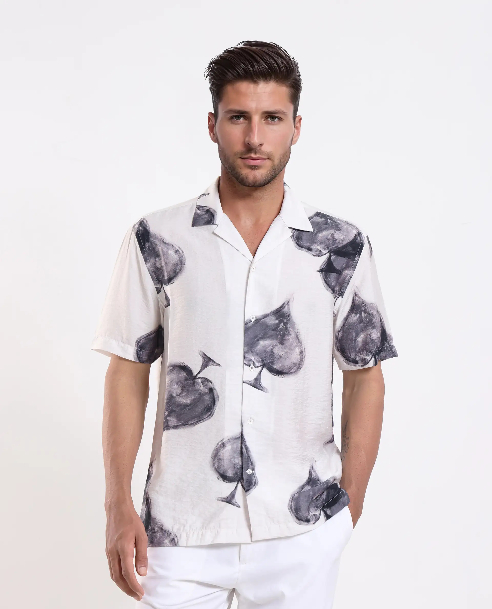 Rare Rabbit Men's Diam White Viscose Blend Digital Print Regular Fit Half Sleeve Cuban Collar Shirt - Image 5