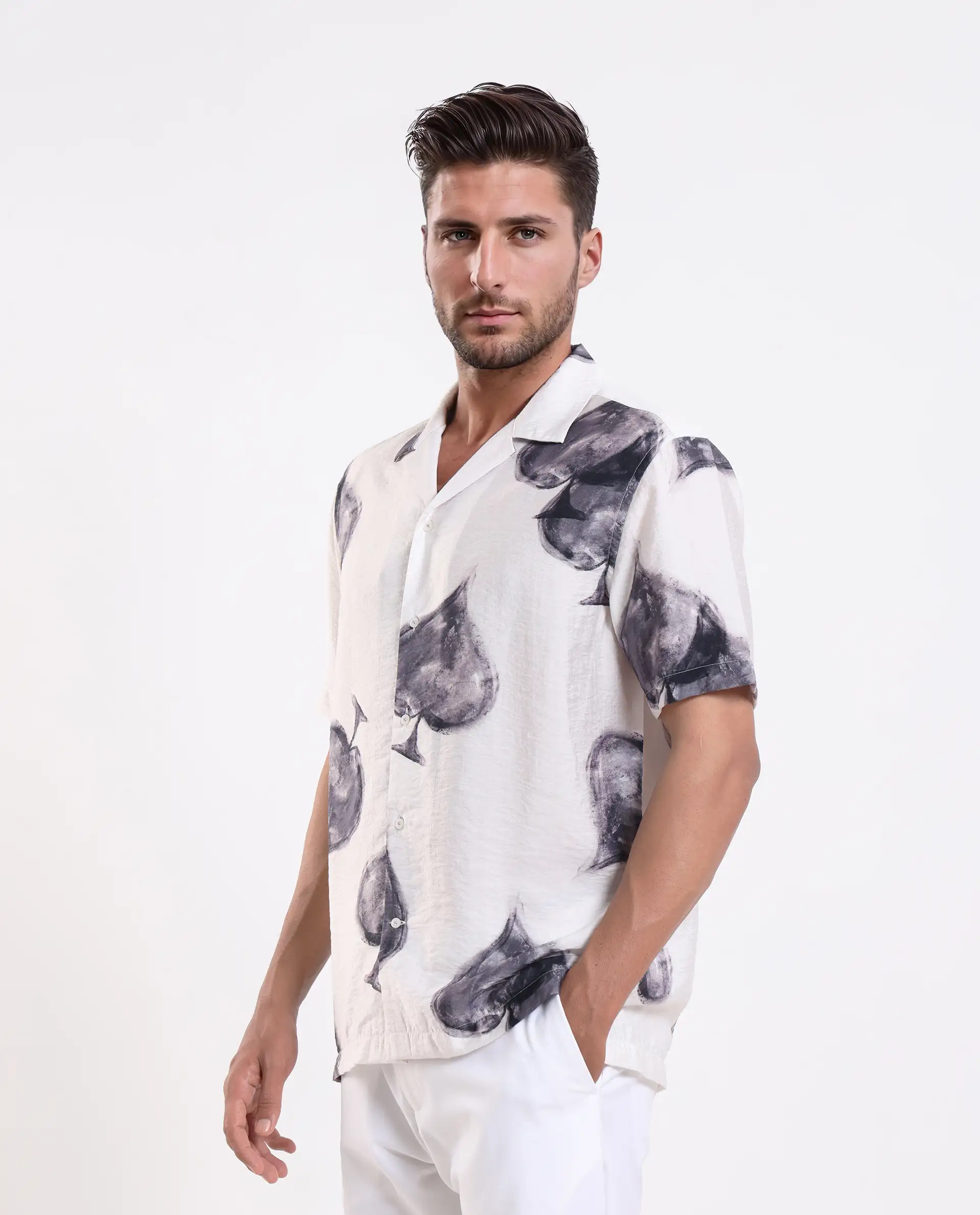 Rare Rabbit Men's Diam White Viscose Blend Digital Print Regular Fit Half Sleeve Cuban Collar Shirt - Image 6