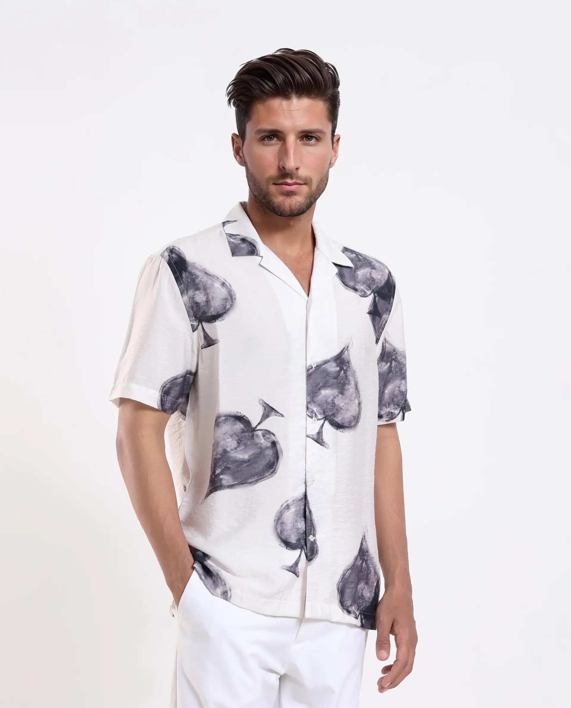 Rare Rabbit Men's Diam White Viscose Blend Digital Print Regular Fit Half Sleeve Cuban Collar Shirt - Image 7
