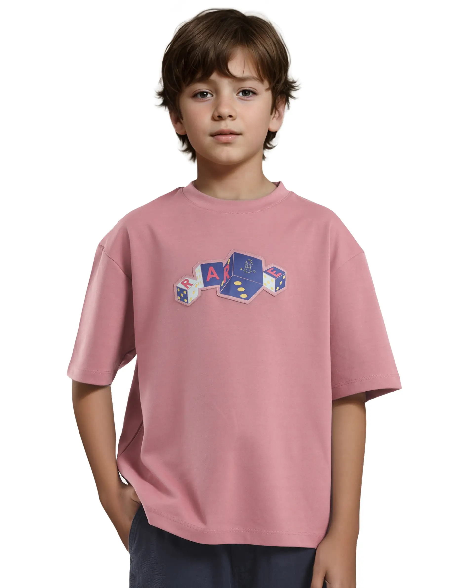 Rare Ones Kids Dice Pink Cotton Half Sleeves Crew Neck Boxy Fit Applique Print T-Shirt - Image 3