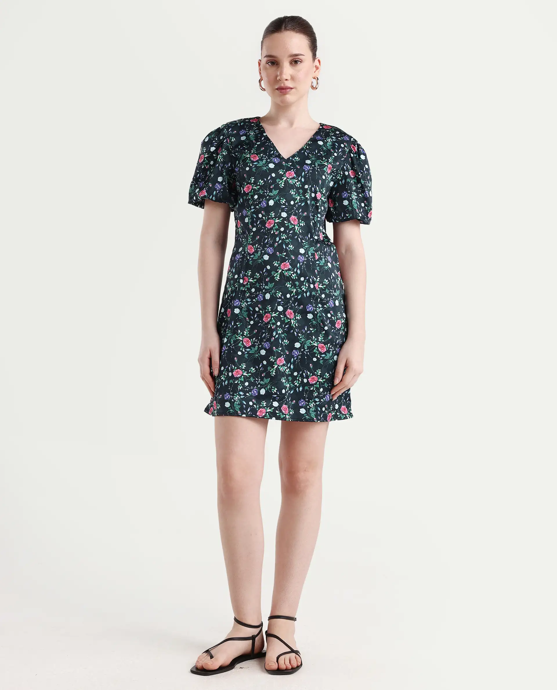 Rareism Women's Diego Navy Modal Blend V-Neck Floral Print Puff Sleeves Midi Slim Fit Dress - Image 2